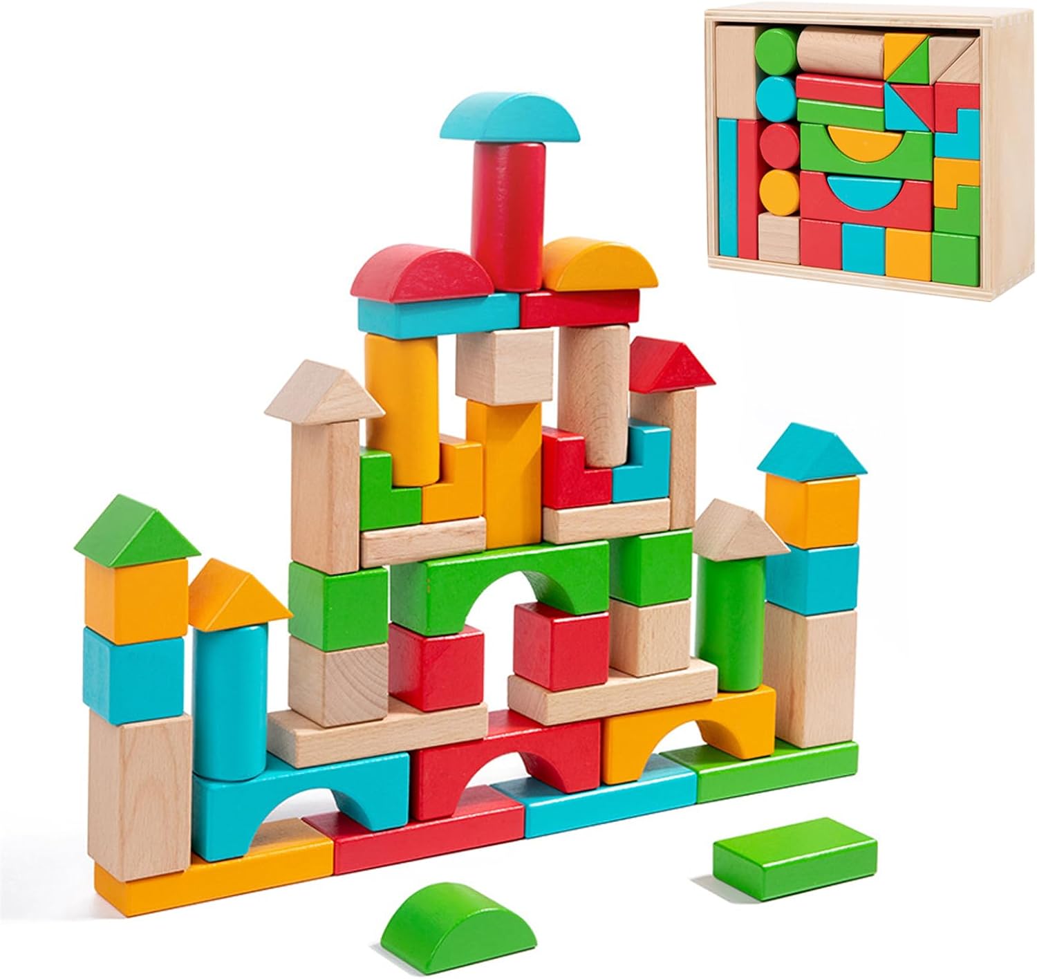 Embosomitr Wooden Building Blocks Set, Developmental toys, Kids Construction Wood Toy Brick Set, Educational for Age Over 3 Years Boys Girl, Durable, Balancing, Sorting, Stacking