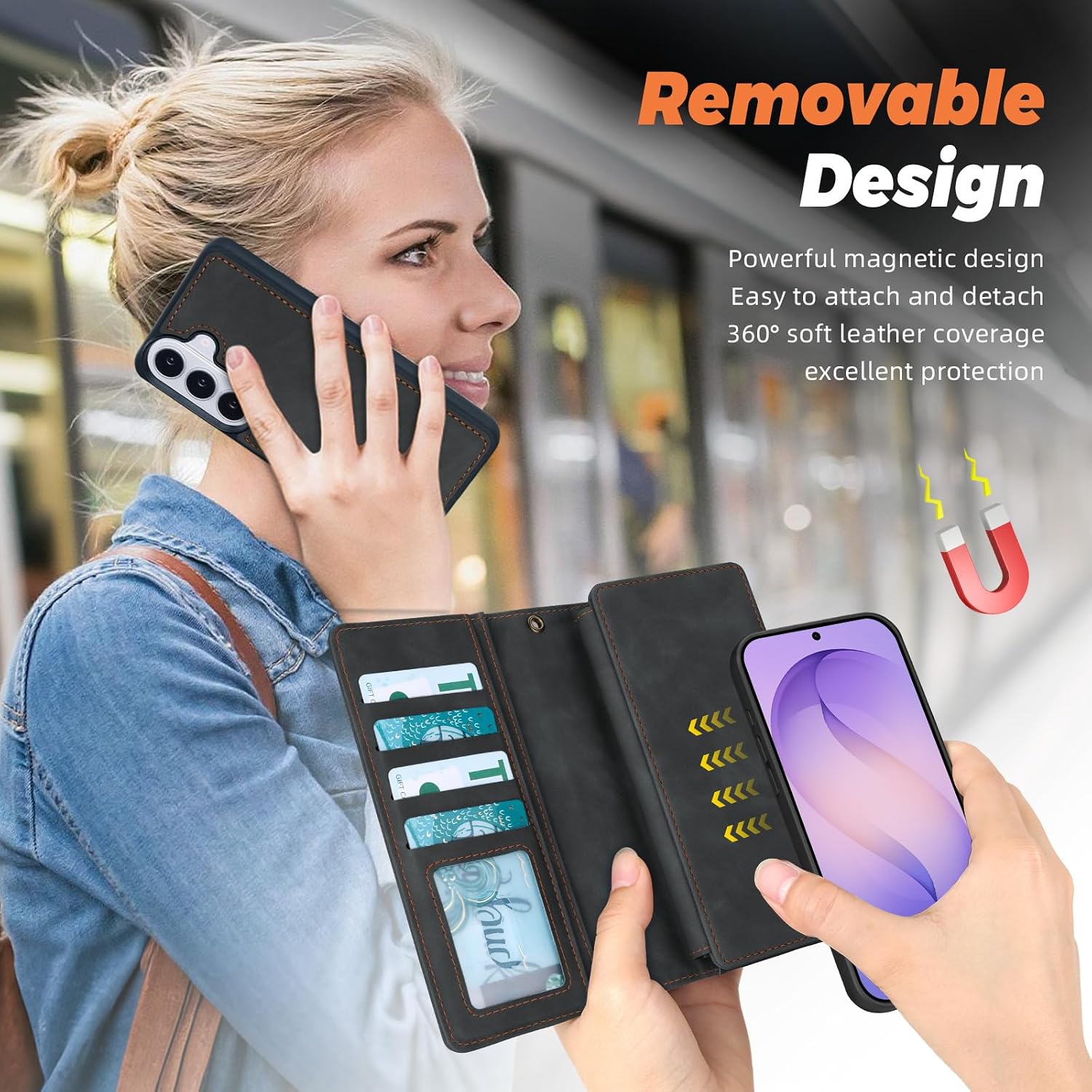 TwoHead for Samsung Galaxy S26 Wallet Case with Card Holder, Detachable Magnetic Phone Case for S26,PU Leather All-Round Protective Phone Case Wallet with Wrist Strap(6.3 in,Black)