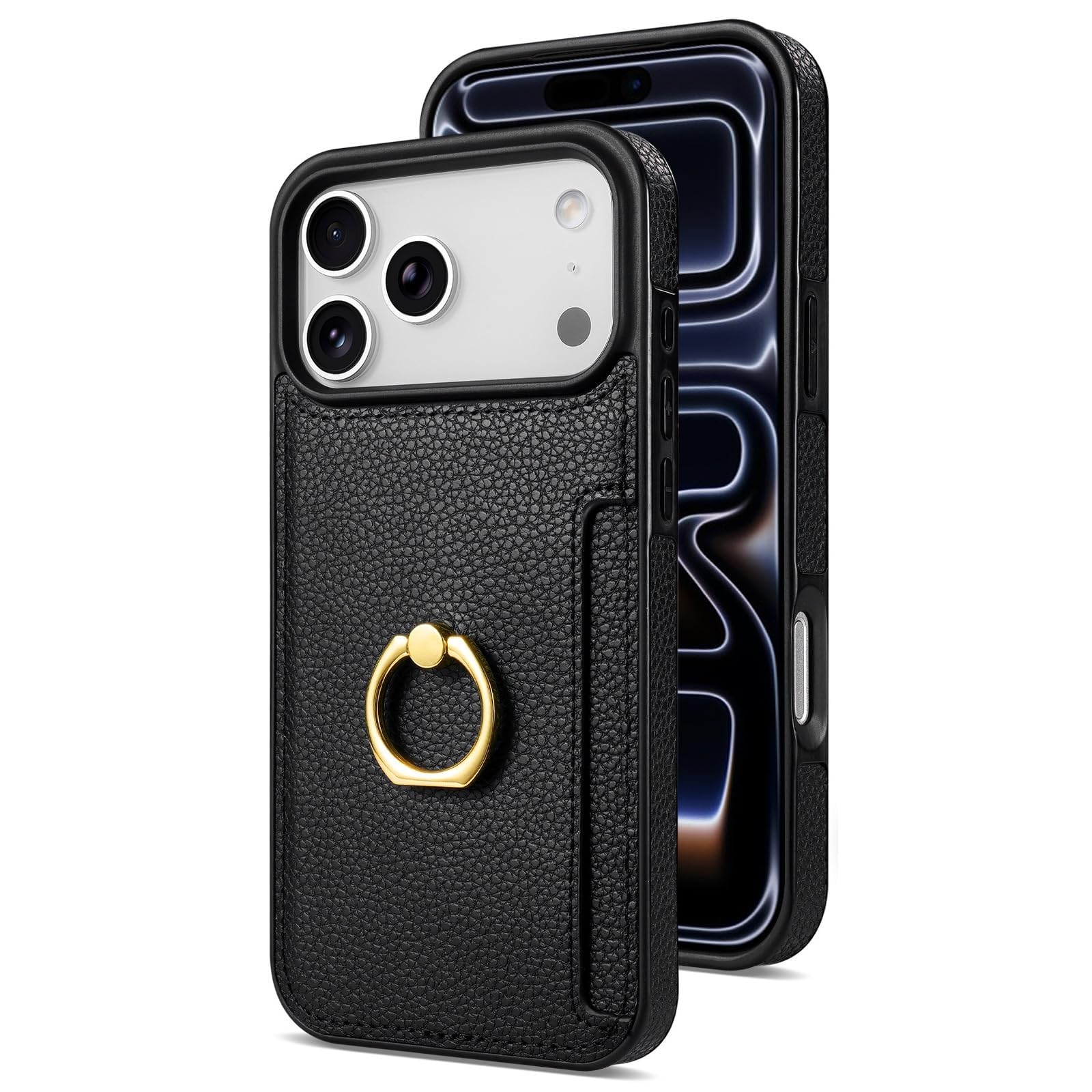 Generico Custodia A Portafoglio In Pelle Minimalista For IPhone 17/17 Air/17 Pro/17 Pro Max, Slot For Schede E Supporto Ad Anello, Copertura Anticaduta(Black,17 Pro Max)