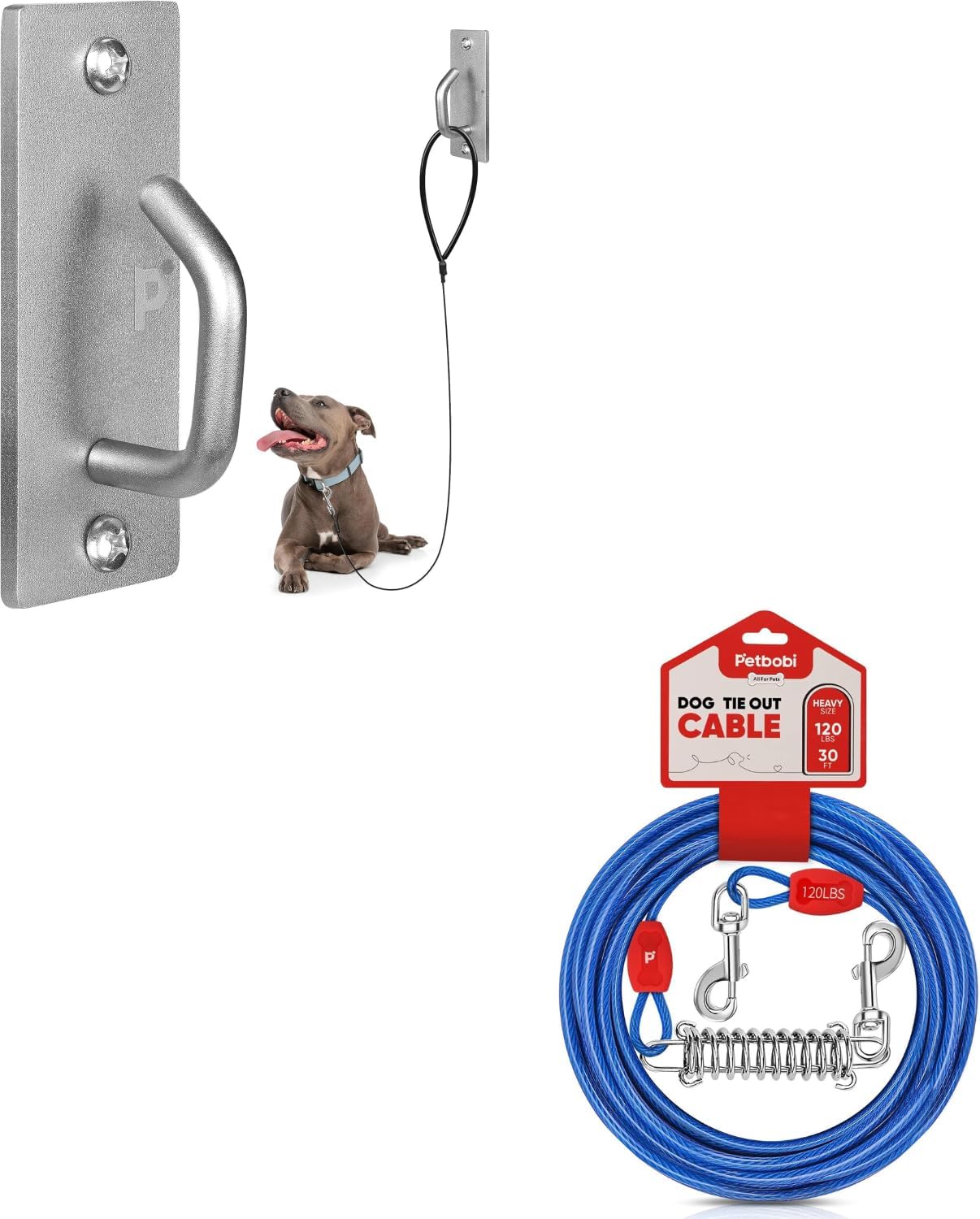 Petbobi Dog Tie-Out Cable 30ft and Petbobi Dog Leash Hooks for Wall