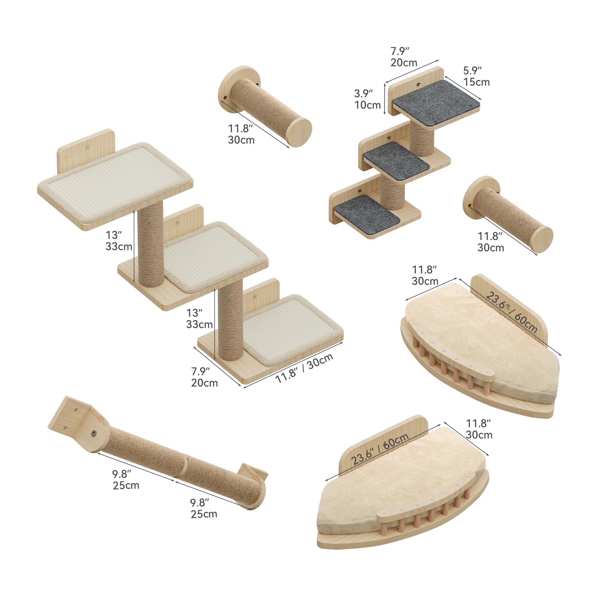 YITAHOME Set di 7 mobili per gatti in legno, con 3 tiragraffi, 2 piattaforme angolari, 2 scale per gatti, per dormire, giocare, lounge