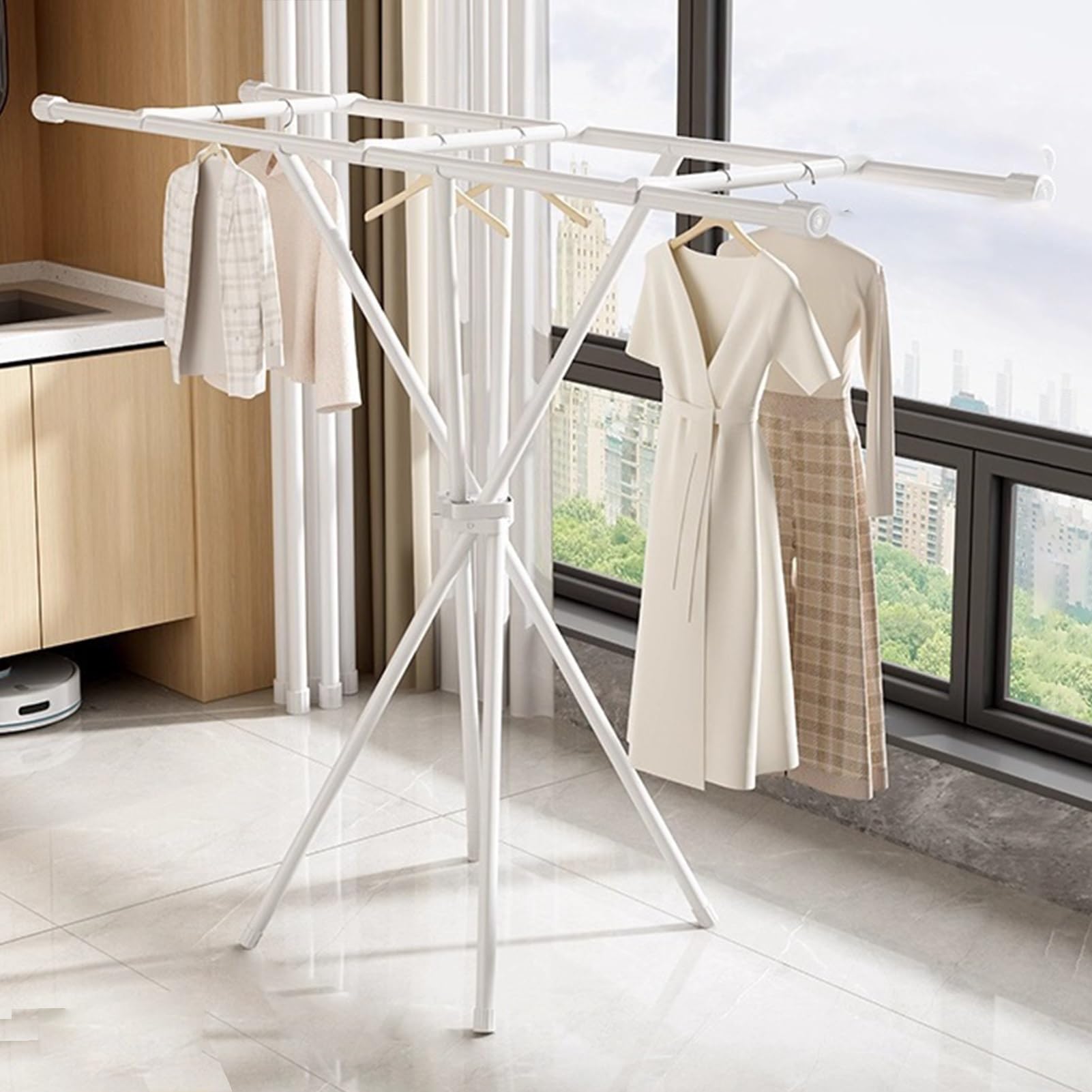 Yaohy White Foldable Clothing Rack, Multifunctional Expandable Rack For Hanging Clothes, Space-Saving Clothes Rack For Balcony Indoor Laundry Drying(,Three Crossbeams)