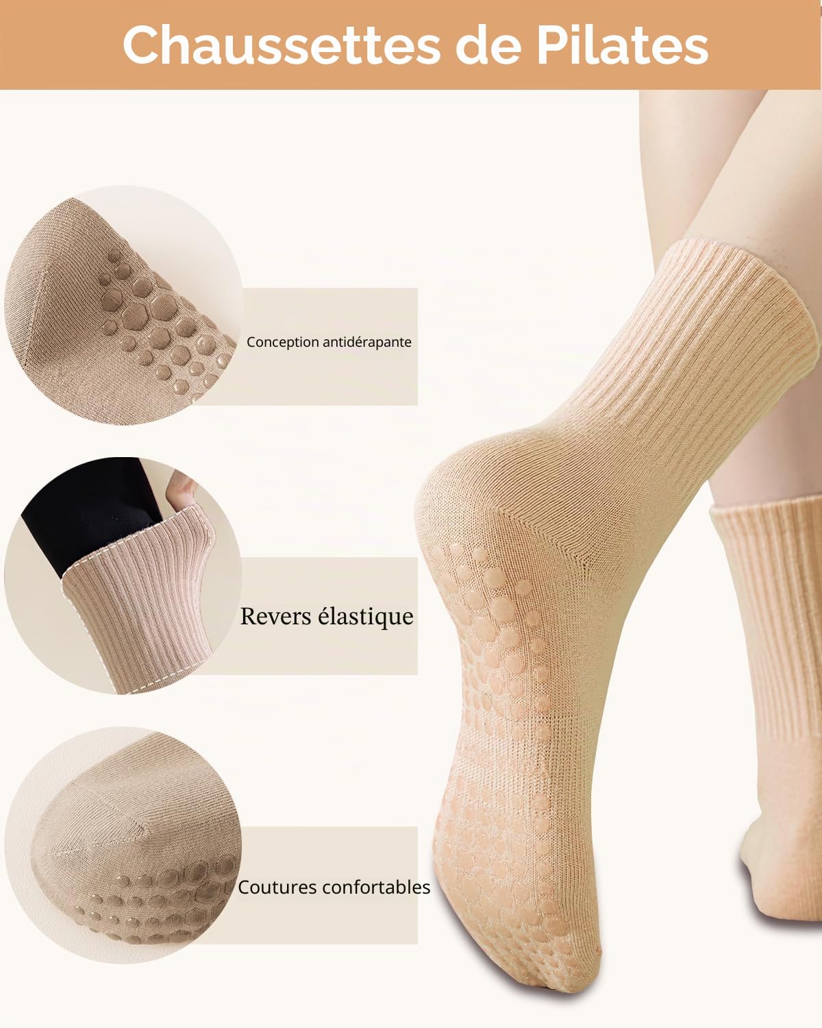 Yikki Lot de 4 Paires de Chaussettes Antidérapantes pour Femme, Idéales pour la danse, le fitness, la gym, le ballet, le trampoline, la maison et l'hôpital, taille unique