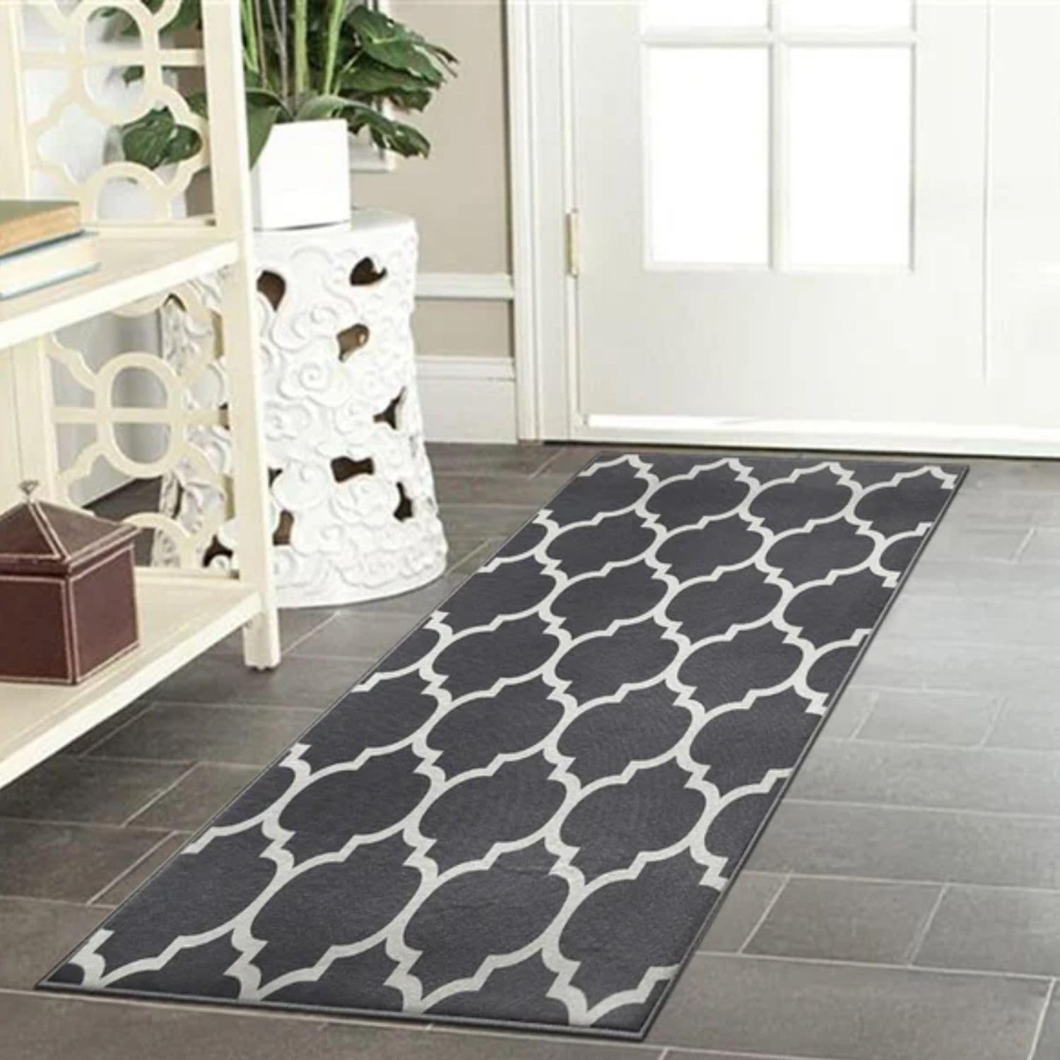 BedLooms Runner Rugs for Hallway Non-Slip Entryway Bedside Rugs 60x110 cm Trellis Pattern Printed Design Grey bedroom Living Room Rug (Ava Grey)