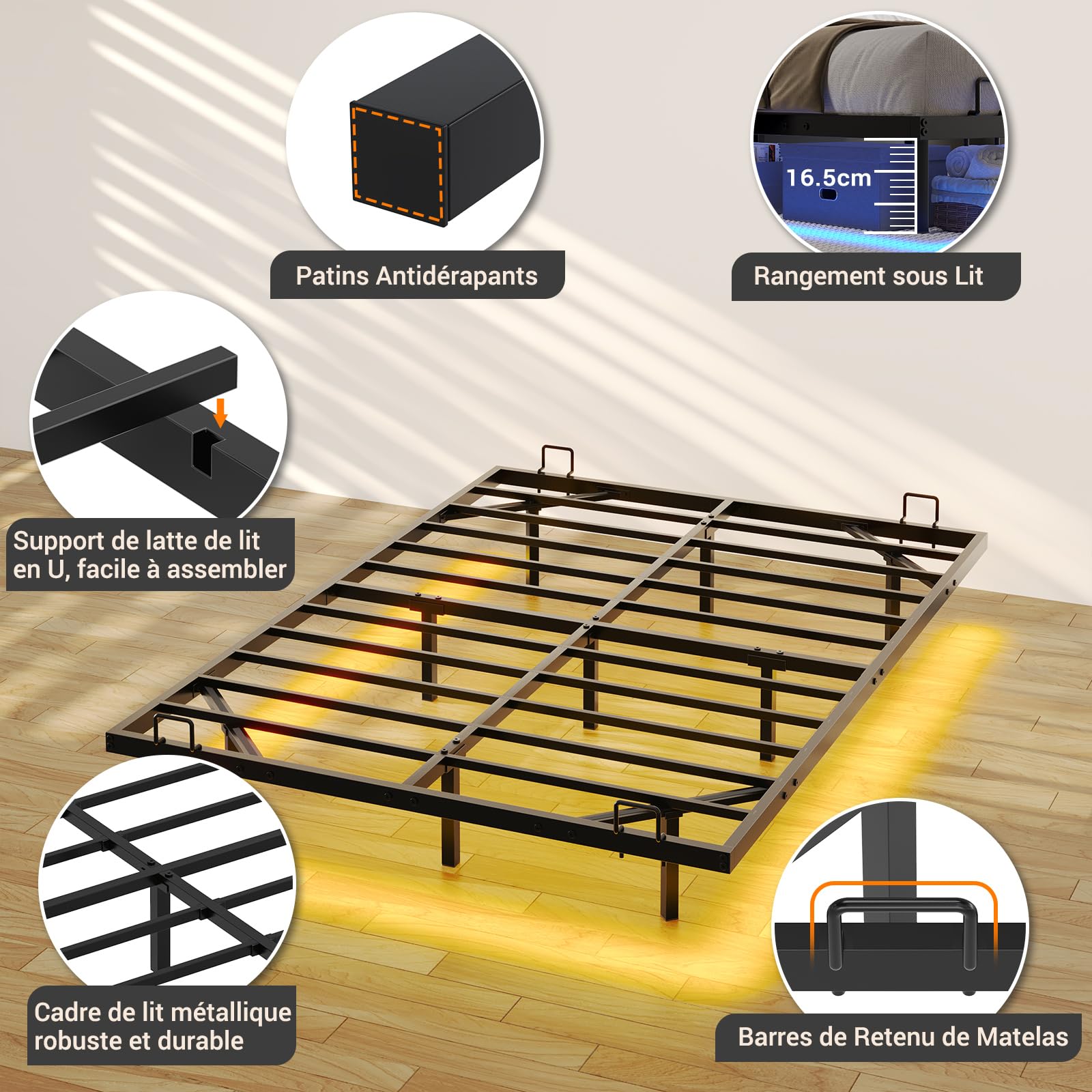 DICTAC Lit 140 x 190 avec Sommier Métal Cadre de Lit 140x190 avec Éclairage LED,lit 2 Personnes avec sommier à Lattes Lits Flottant Double,Structure Solide,Facile à Assembler,Noir-sans Matelas