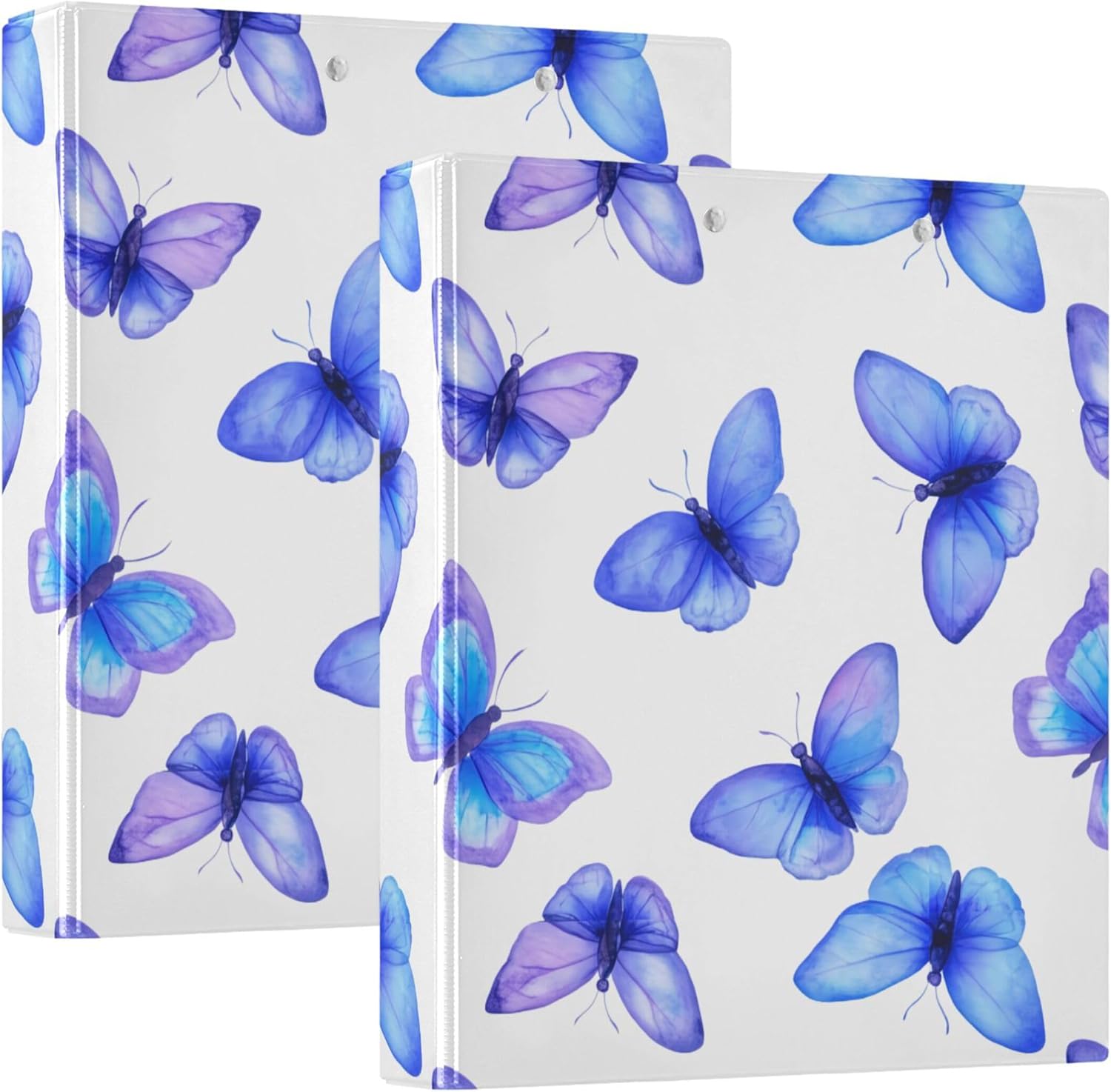 Blue-Purple Butterfly 3 Ring Binders, 1.5” Round Ring Binders with Clipboard - Letter Size, 3 Interior PVC Clear Pockets & Anti-Slip Clip for Office School Supplies, 2PCS