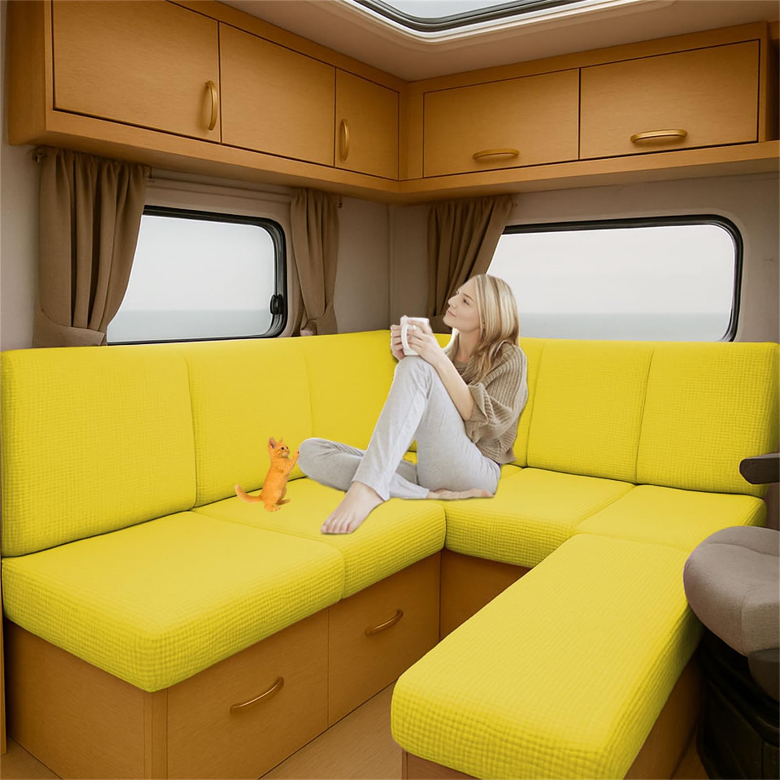 ZGDDPZA Caravan Seat Cushion Covers for Motorhome & Camper Stretch Fit Sofa Slipcovers with Elastic Straps Non-Slip RV Bench & Backrest Covers, Indoor Outdoor Use (Yellow,L135-165cm W65-100cm)