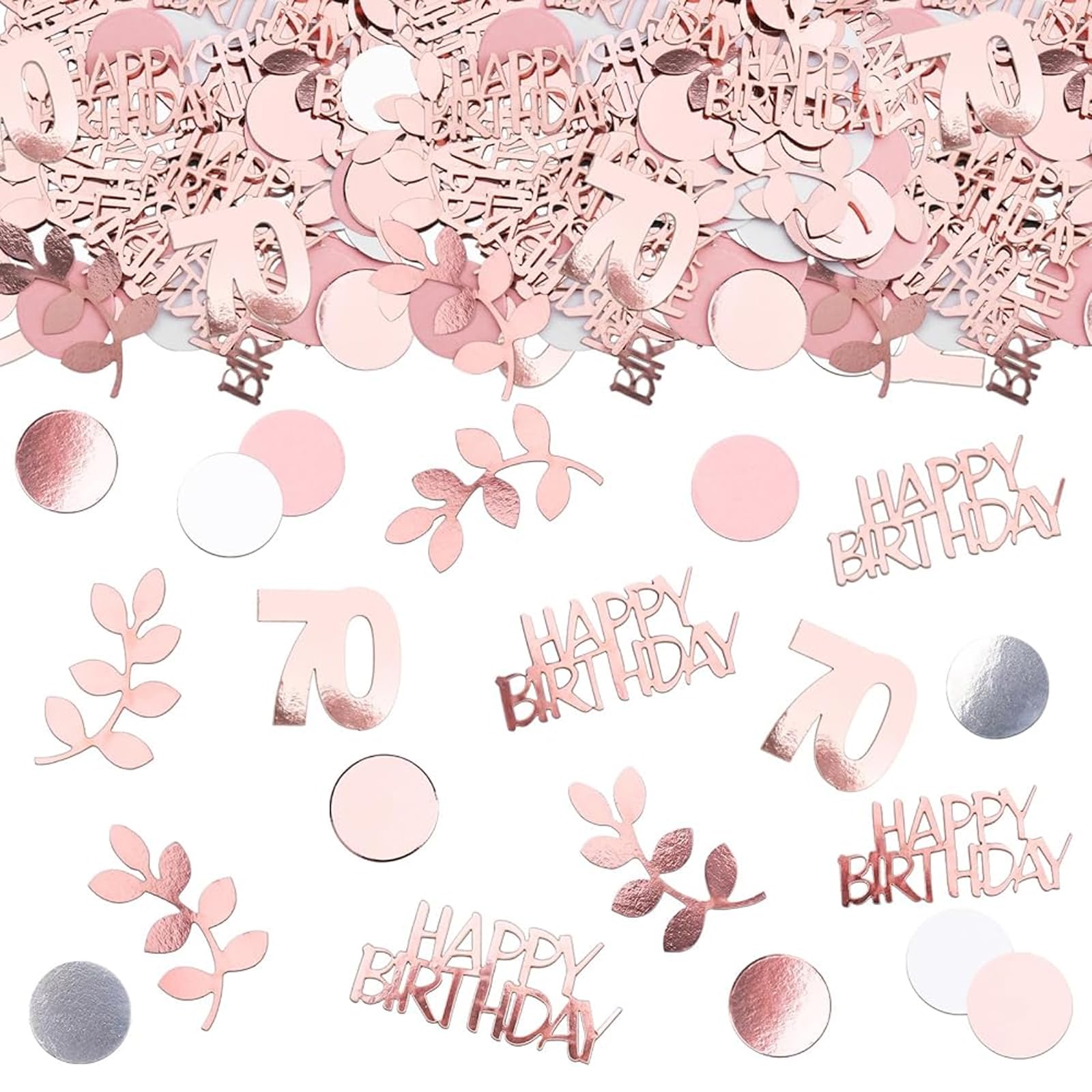 Bolosa 70th Birthday Confetti Rose Gold Table Scatter, 200 Pieces Cardstock Cutouts with Number 70, Happy 70th Birthday Text, Leaf & Dot Shapes, Party Decorations for Women, Mum, Grandma, Wife
