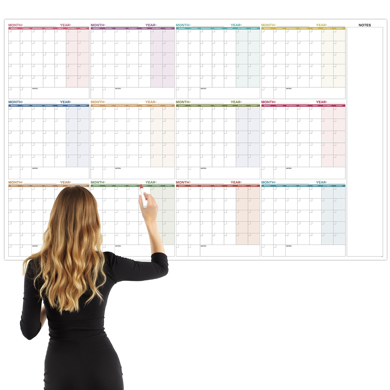 Wall Planner Undated Extra Large (145.5 x 92 cm) Laminated, 12-Month Dry Erase Reusable Wall Planner, Wall Calendar for Home, Office, School, Rainbow — image 1