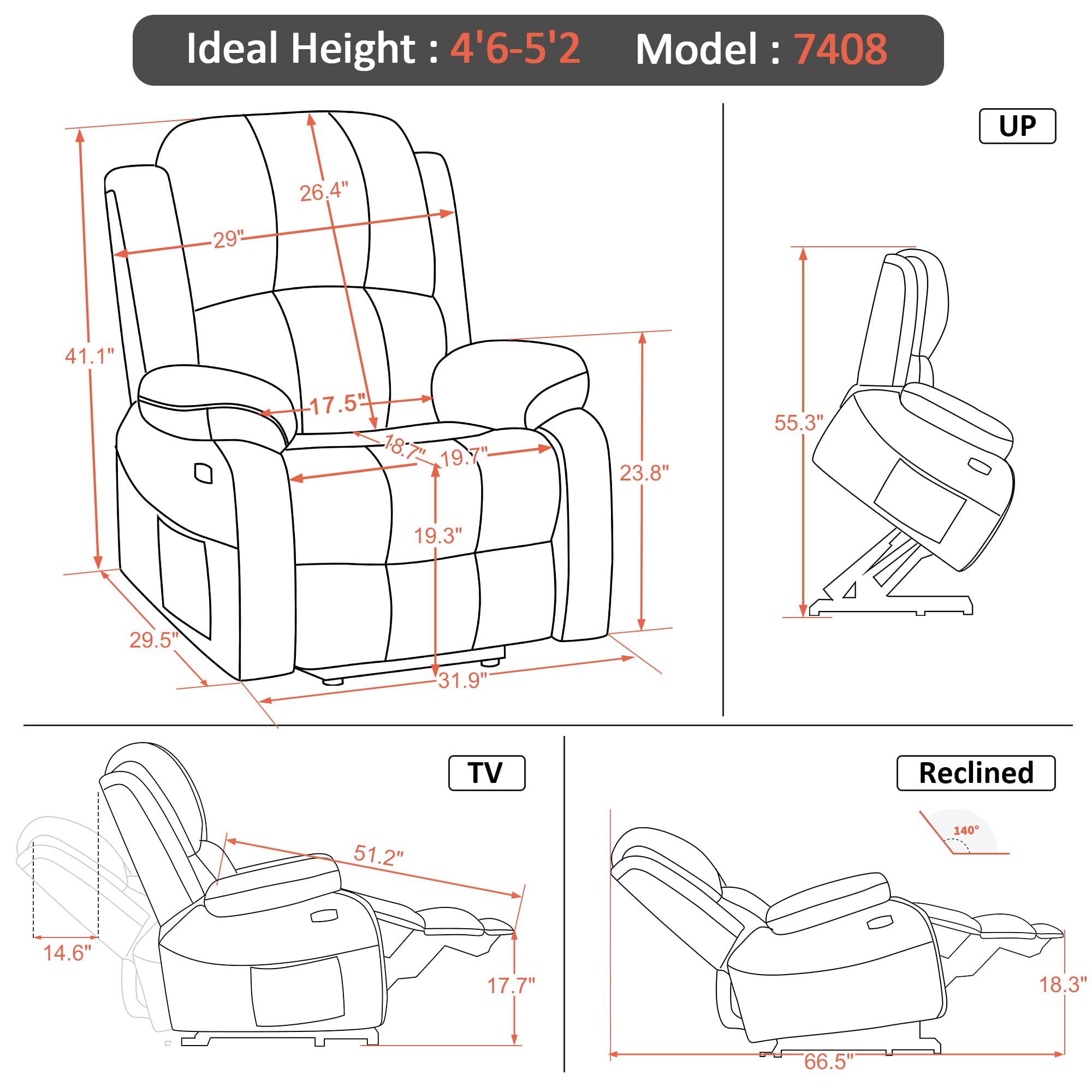 MCombo Small Power Lift Recliner Chair Heat and Massage 7408 Beige | Faux Leather Designed for Petite Elderly 140 Recline 47 Extended Footrest USBType-C ports Cup Holders FSC Certified product thumbnail 4