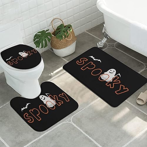 Miniatura 7 de Aremetop Juego de 3 tapetes de baño de Halloween para decoración de otoño, decoración de casa de campo de fantasma, fantasma, murciélagos