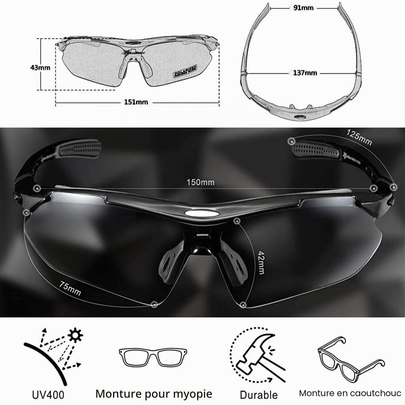 ROCKBROS Lunette de Sport Polarisées Homme Cyclisme Lunette VTT Protection UV400 Lunette de Soleil Noir pour Vélo Pêche Course Conduite avec 5 Verres Interchangeable