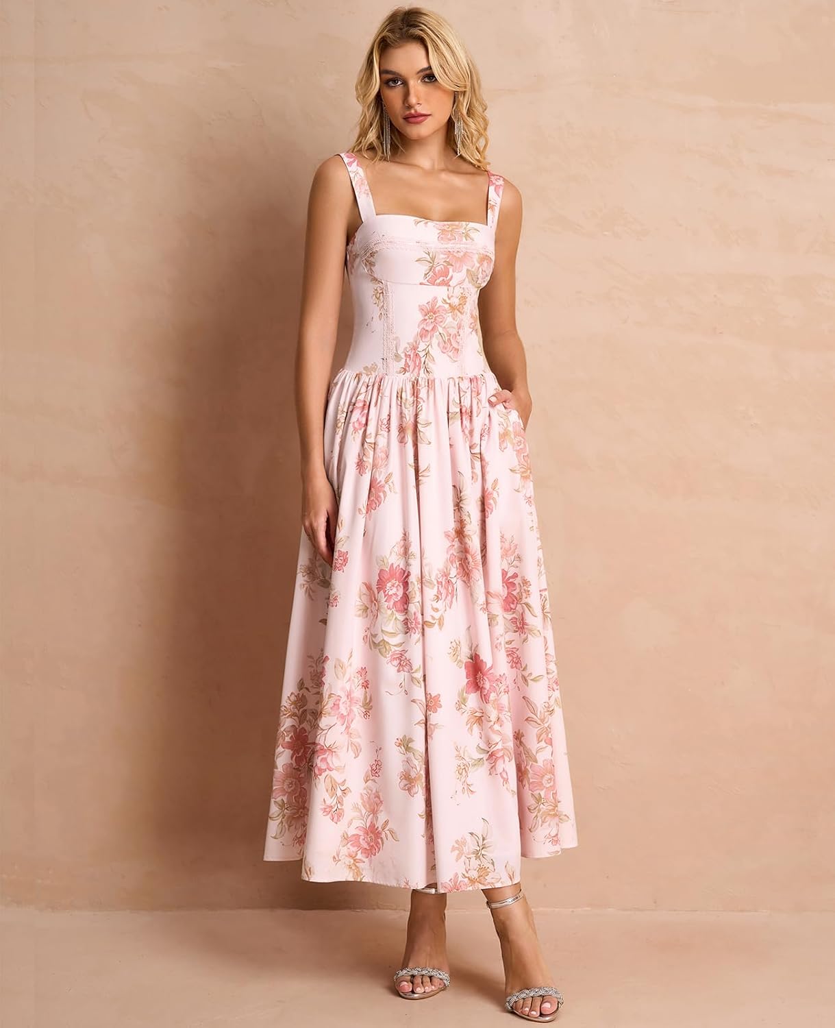 XinFSh Women's Summer Corset Midi Dress Flowy Square Neck Sleeveless Lace Wedding Guest Dresses with Pockets - Image 2