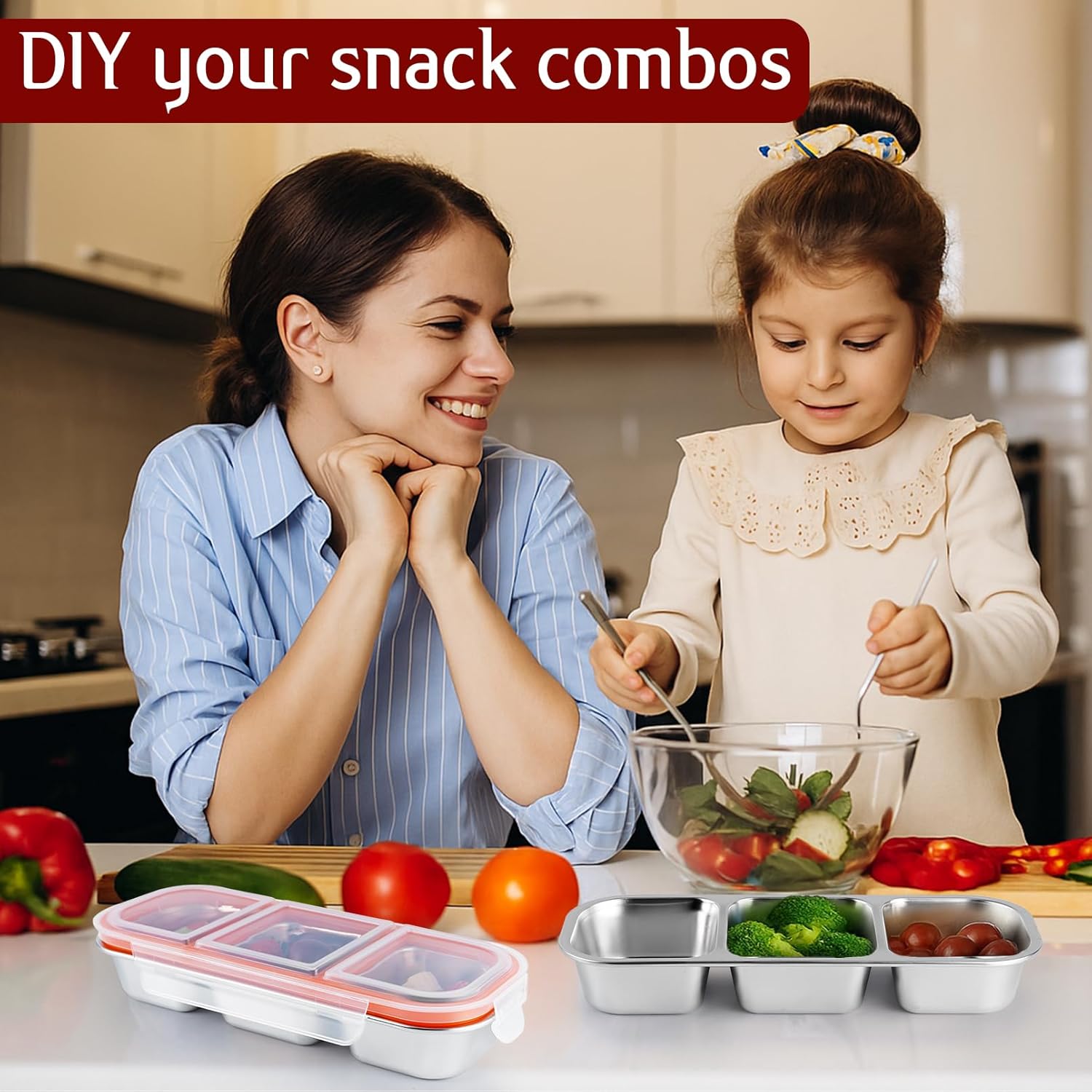 3 Pack Stainless Steel Snack Containers with Lids, 3 Compartment Food Storage Containers, Stackable Metal Divided Snack Box for Salads Picnic, Reusable Bento Lunch Box for Home Work Travel - Image 4