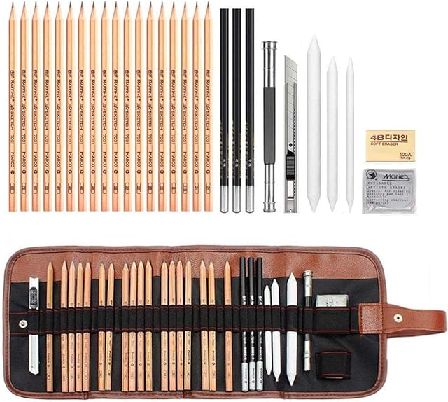 Sketching Pencil Set, AIPLUX 29 Piece Professional Sketching & Drawing Art Kit with Carrying Bag for Artist, Kids, Beginners - Includes Graphite Pencils, Charcoal Pencils, Paper Erasable Pen etc
