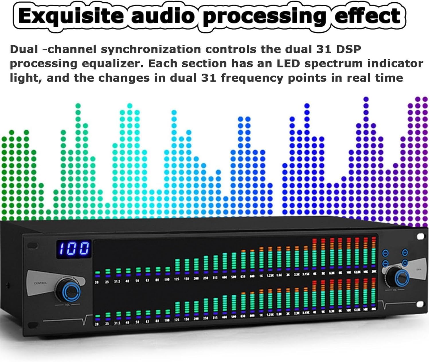 Ecualizador estéreo Procesador de Audio con Ecualizador gráfico Dual, Ecualizador gráfico estéreo Digital de 31 Bandas con Pantalla de Espectro LED
