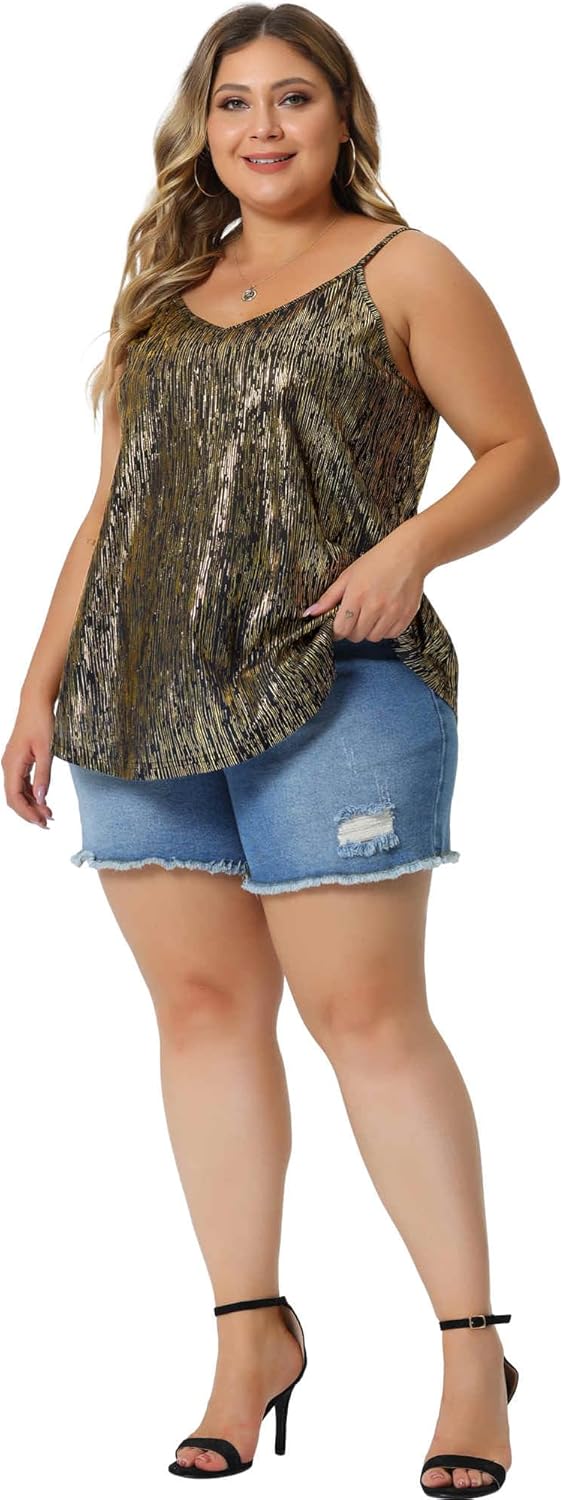 Agnes Orinda Plus Size Sequin Tank Tops for Women V Neck Bronzing Glitter Cami Sleeveless Camisole Vest - Image 3