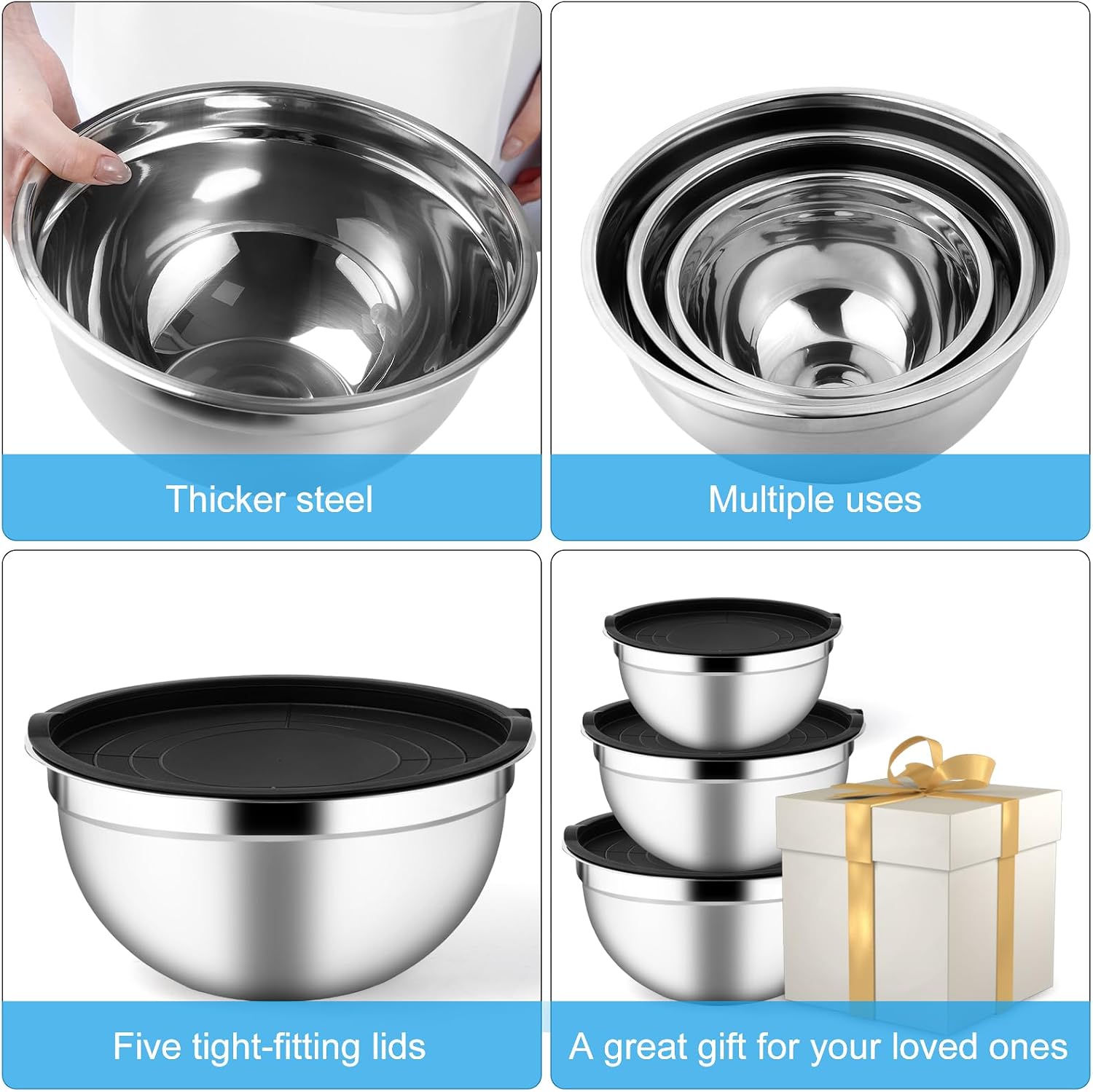 Set of 3 Mixing Bowls with Airtight Lids, Black | Stainless Steel Mixing Bowls, Nesting Salad Bowl 4.5 2.5 1.5QT for Prepping Serving Cooking Kitchen