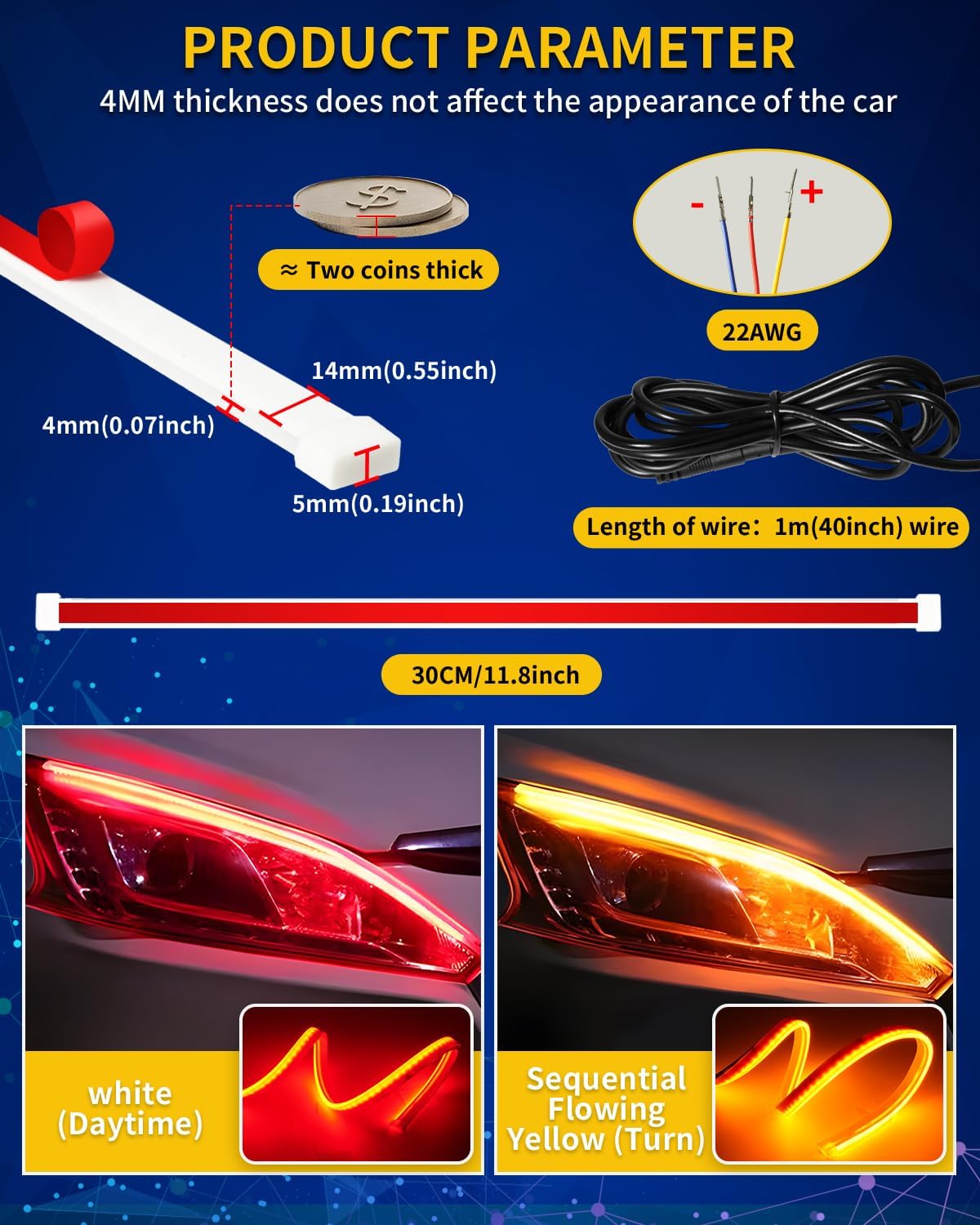 DUOFU365 DRL Led Light for Car, Switchback Led Strip Light (2Pcs 12'') image 3