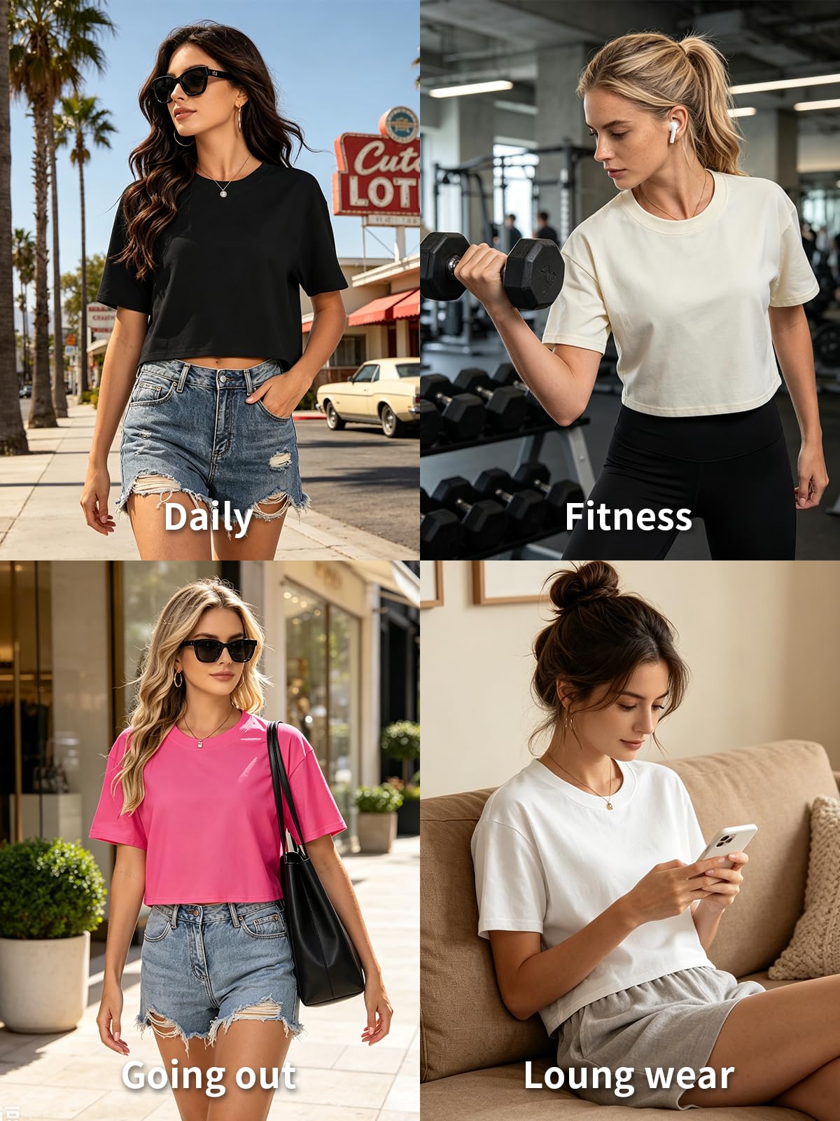 HOTIAN T-Shirts aus 100 % Baumwolle für Damen, übergroßes Workout, kurze Ärmel, Rundhalsausschnitt, lässig, lockere T-Shirts