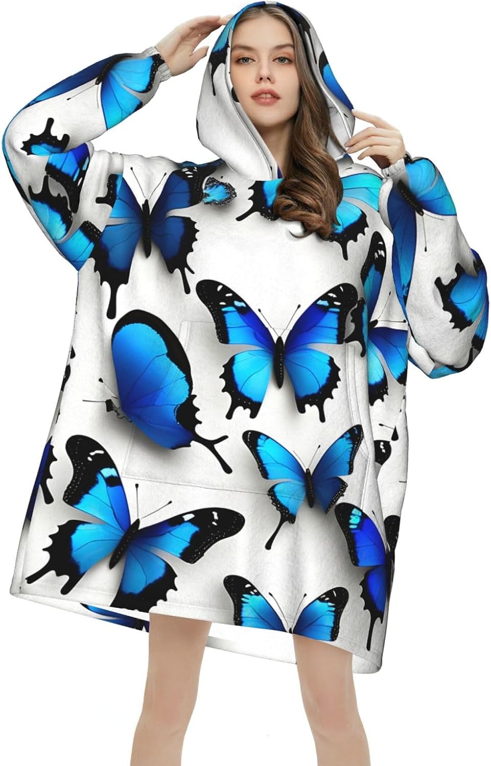 Many Blue Butterfliesprint Oversized Hoodie Blanket, Super Soft Warm Comfortable Hoodie, Wearable Blanket Adult