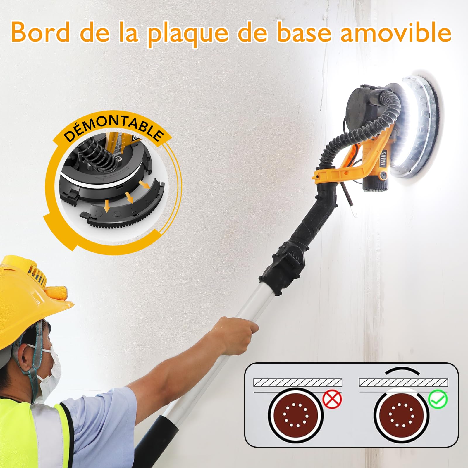 Ponceuse Girafe avec Système d'aspiration Automatique (880w), 5 vitesses,1000-2100rpm, Ponceuse Murale Électrique Pliable, avec lumière LED, Poignée Pliable et Sac d'aspiration
