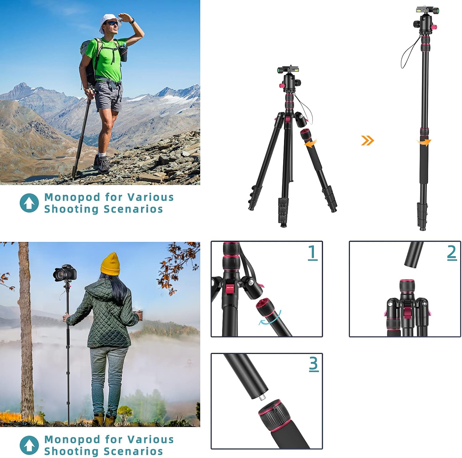 ROXTAK 80" Camera Tripod & Monopods,Professional Compact Aluminum Travel Tripods for DSLR with 360 Degree Ball Head and 2 Quick Release Plates,Compatible for Canon,Nikon,Sony,Samsung,Olympus&Panasonic : Electronics