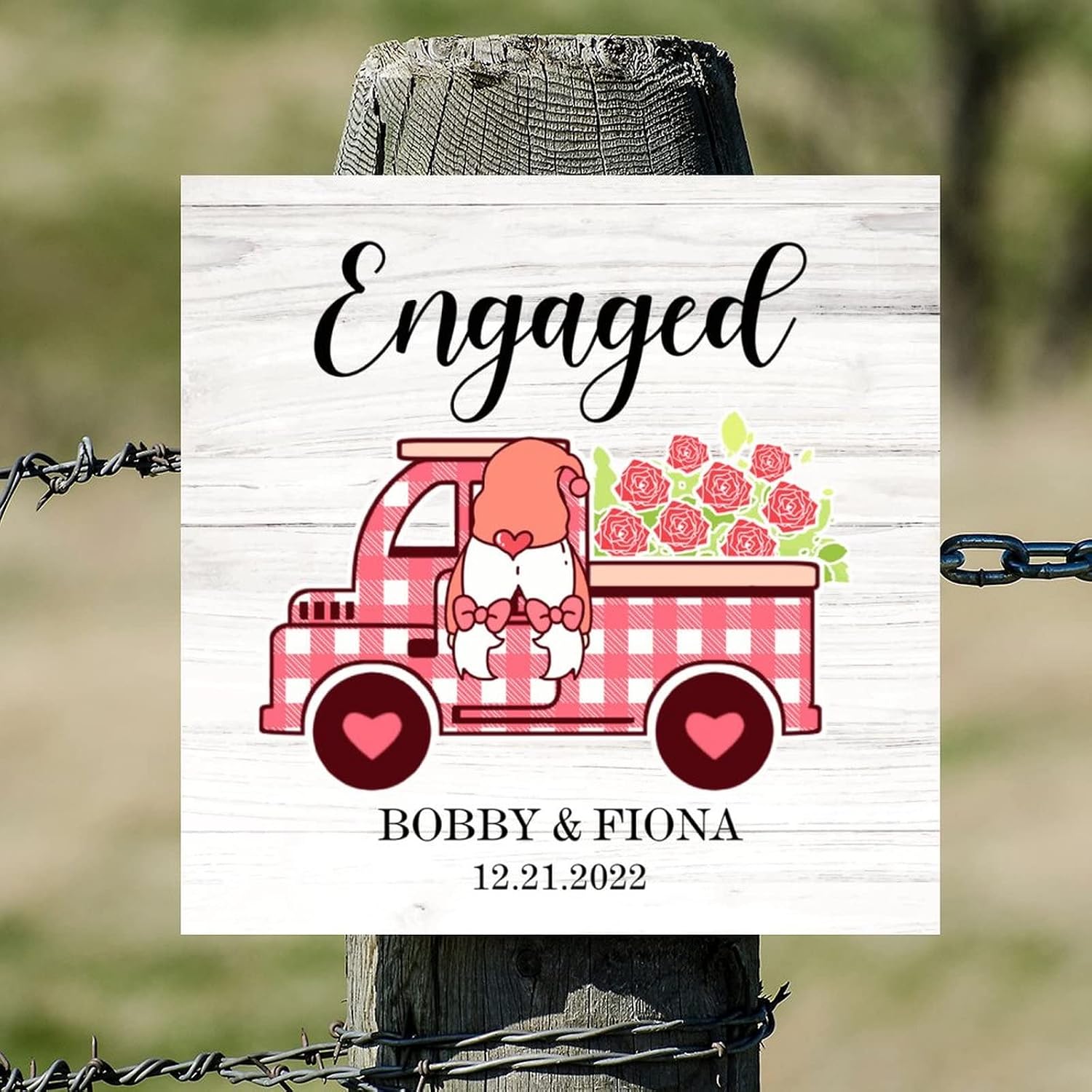 Christmas Engaged Personalized Name Wood Sign Vintage Pink Truck Gnome Flower Welcome Sign Hello Winter Home Wall Decoration For Home Bedroom Living Room Bathroom Housewarming Gift 16x16in