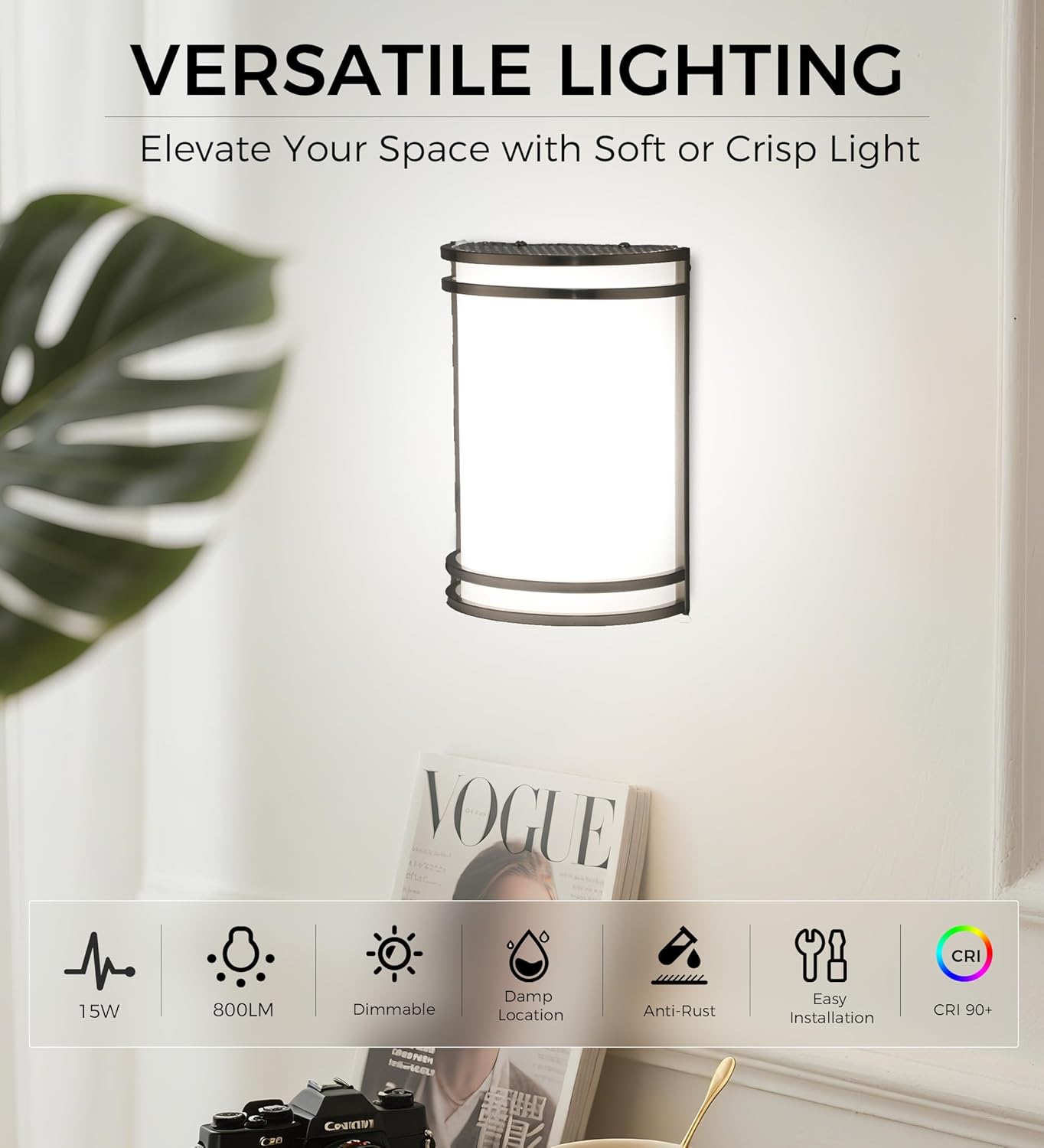 CLOUDY BAY LED 3 Color Wall Sconce, Wall Lighting,3000K/4000K/5000K Color Temperature Adjustable Wall Mount Light Fixture, 15W 120V Dimmable CRI 90+ LED Wall Light,Brushed Nickel