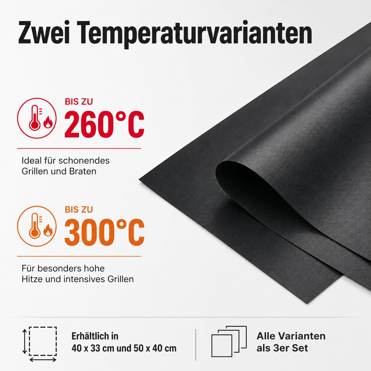 BBQROX maty do grillowania, zestaw 3 szt. (50 x 40 cm do 300°C), zwycięzca porównania 2024, do grilla gazowego, grilla elektrycznego i piekarnika, wielokrotnego użytku, nieprzywierająca podkładka do