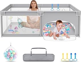 UISEBRT Children's Playpen 180 x 200 cm, with 50 Ocean Balls and 4 Rings and Carry Bag, Foldable with Breathable Mesh for Children, Grey with Astronaut Patterns