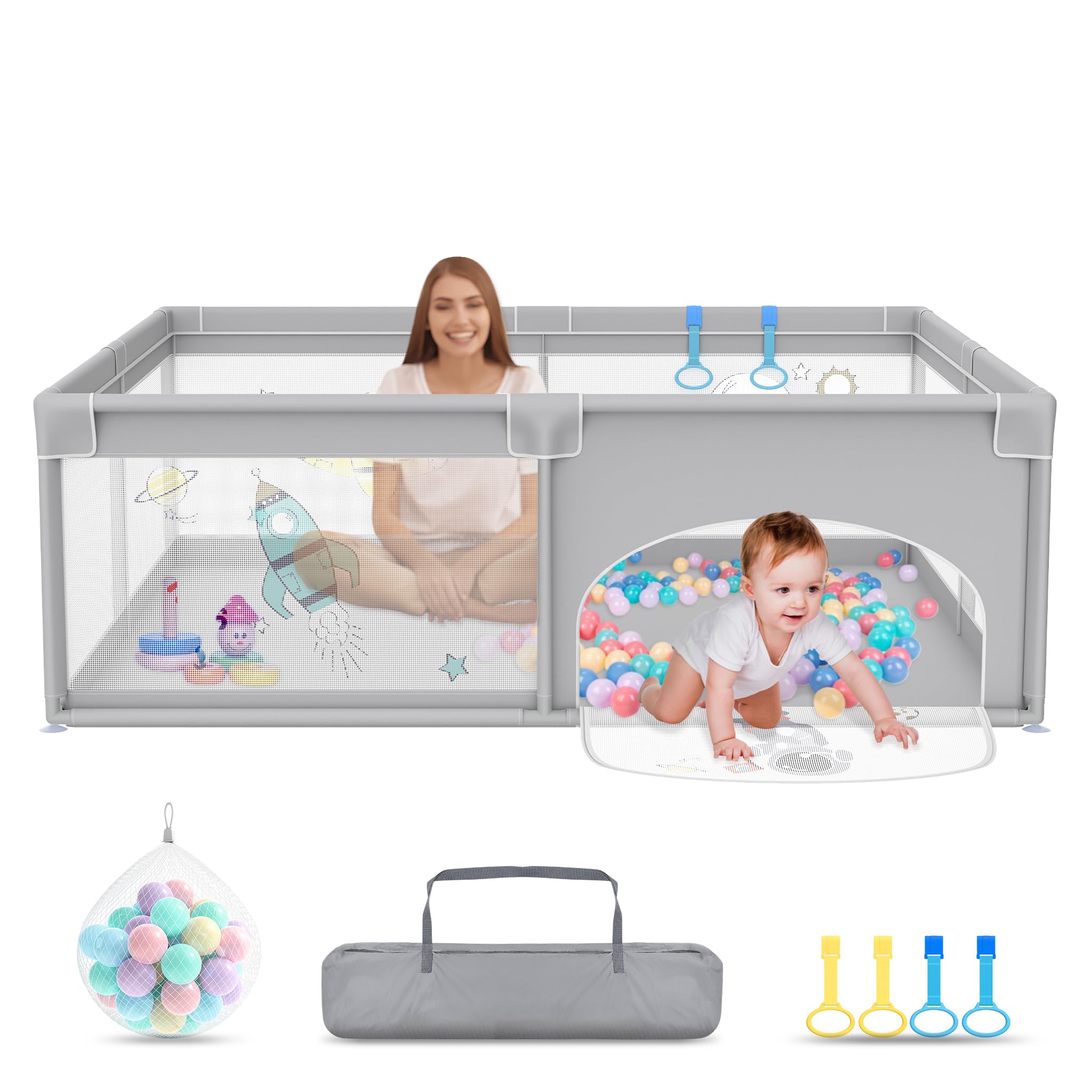 UISEBRT Box per bambini, 180 x 200 cm, con 50 palline oceaniche e 4 anelli e borsa per il trasporto, pieghevole, con rete traspirante, per bambini, grigio con motivi astronauti