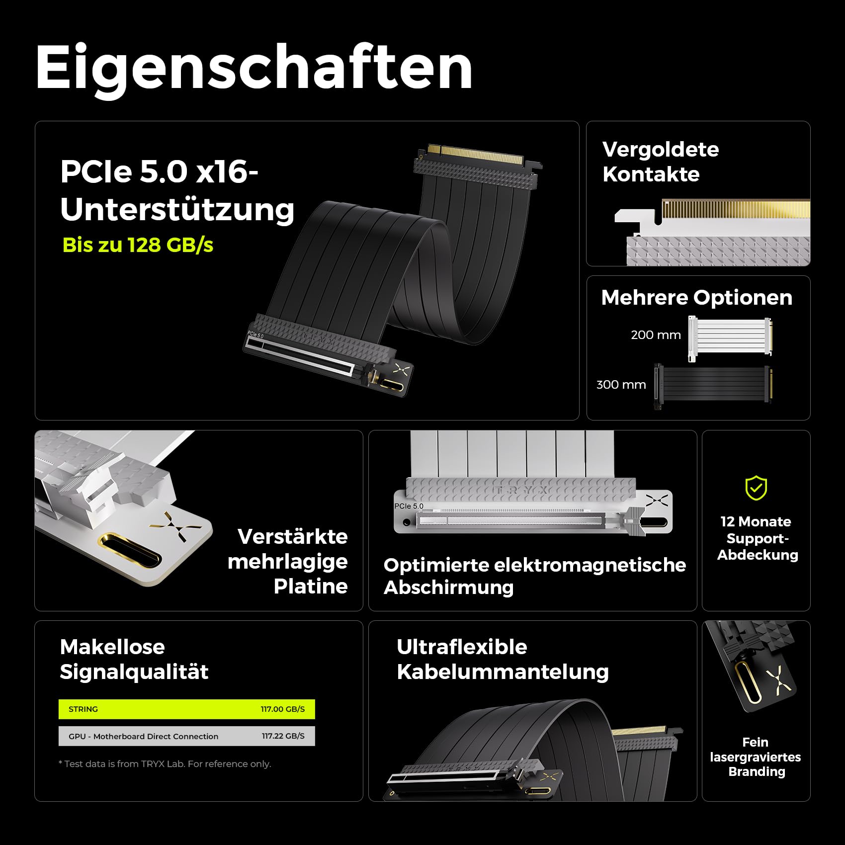 TRYX STRING PCIe 5.0 x16 Riser-Kabel 200 mm – Weiß | 128 GB/s Bandbreite, vergoldete Kontakte, flexible Sleeve-Ummantelung, stabile Leistung für moderne GPUs