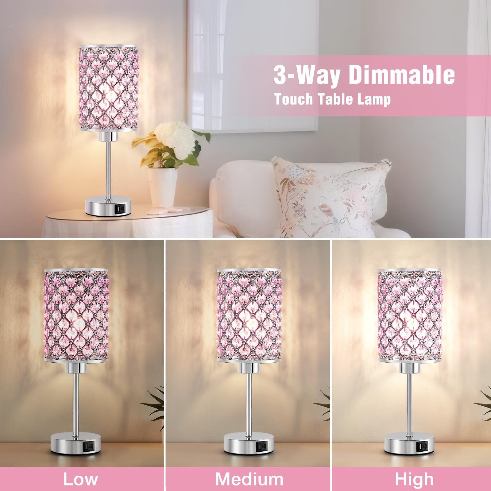 GyroVu Crystal Table Lamp, Pink Lamp with USB C+A Ports - Image 4