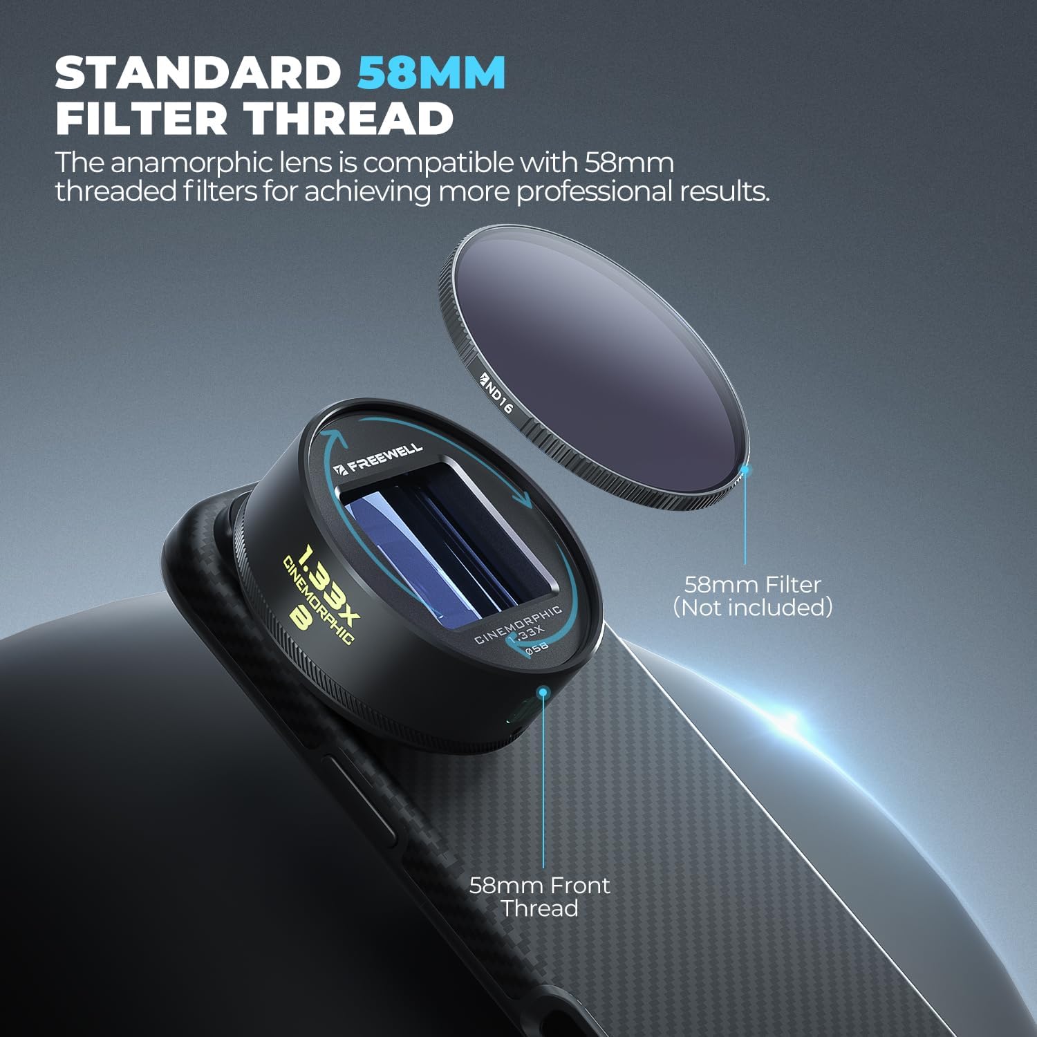 Freewell Neutral Streak 1.33x Anamorphic Lens and Slide-On Lens Filter Kit Compatible with 17mm Mount iPhone, Samsung