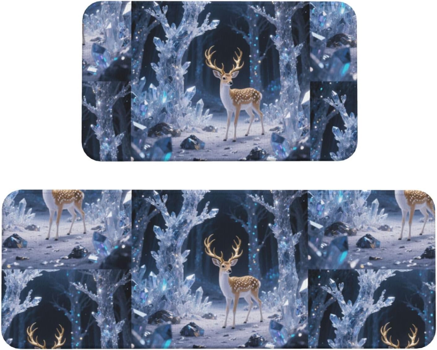 Deer in Crystal Forest Kitchen Rugs Set of 2, Cushioned Anti-Fatigue Kitchen Mats for Floor, Waterproof Comfort Standing Mat Absorbent Velvet Kitchen Runner Rugs 17"x30"+17"x47"