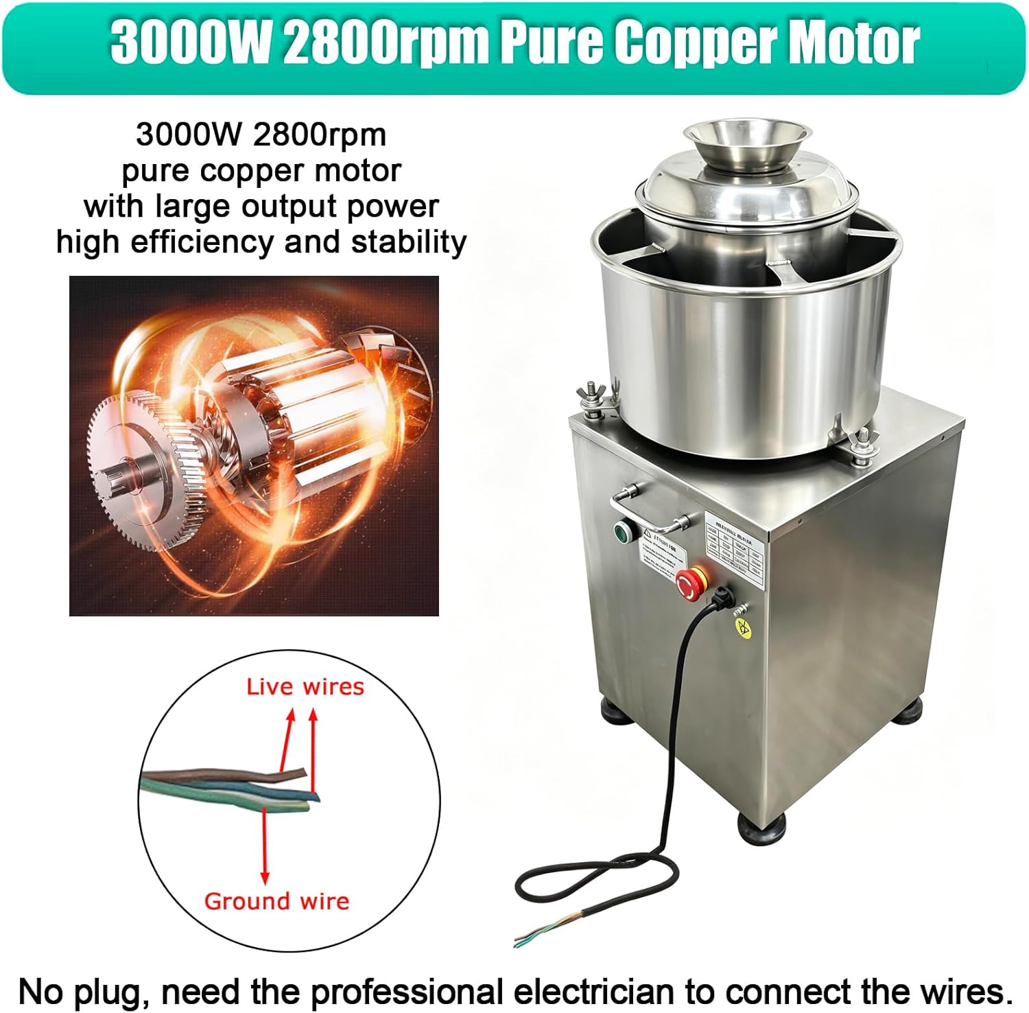 Commercial 220V Electric Meat Mincer & Meatball Mixer with 9.45" Inner Cylinder & 2 Blades, 3KW Heavy Duty Meat Puree Machine for Pork, Beef, Fish Ball Making, Food Processor without Plug