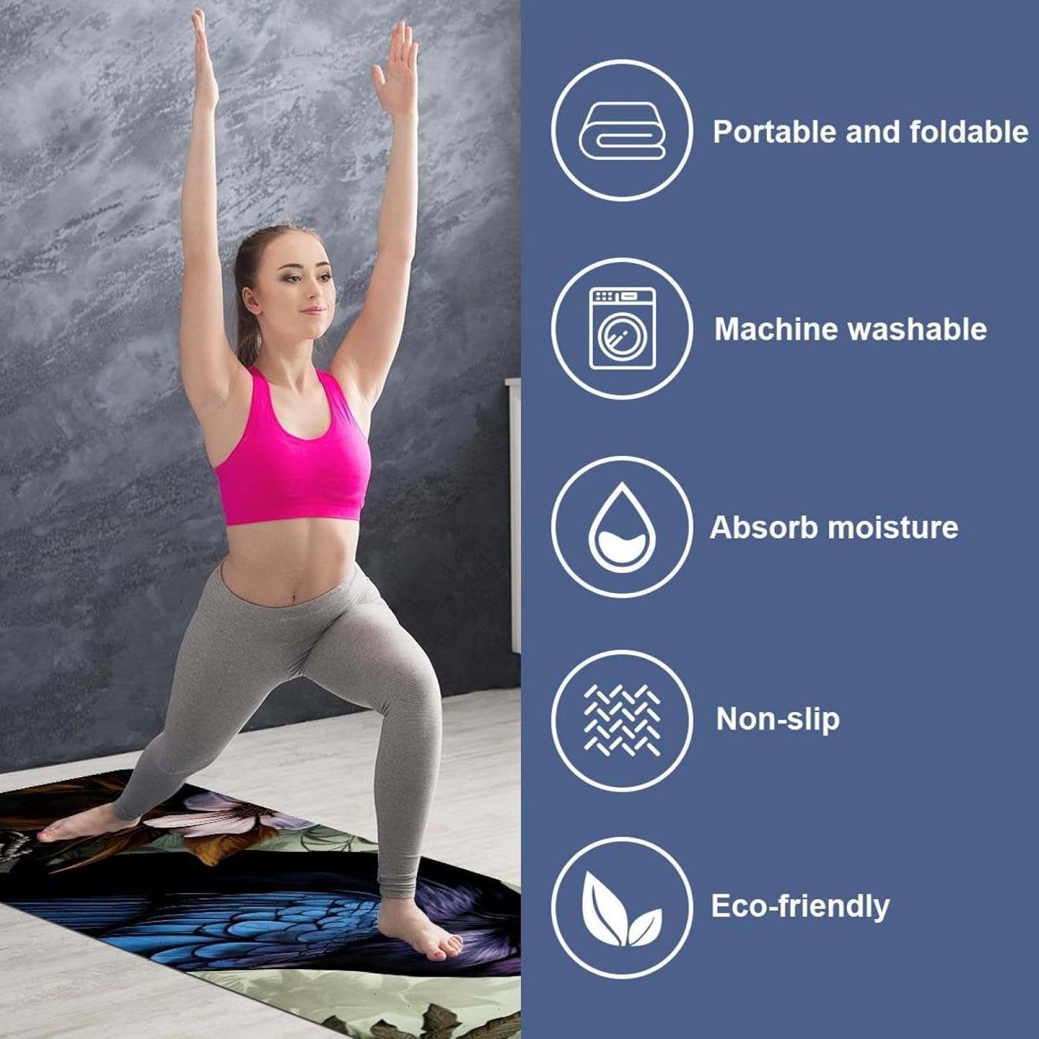 Yoga Towel, Black Crow Pattern Non Slip Sweat Absorbent Hot Yoga Mat Towel for Hot Yoga, Pilates and Fitness - 72.8" x 26.8"