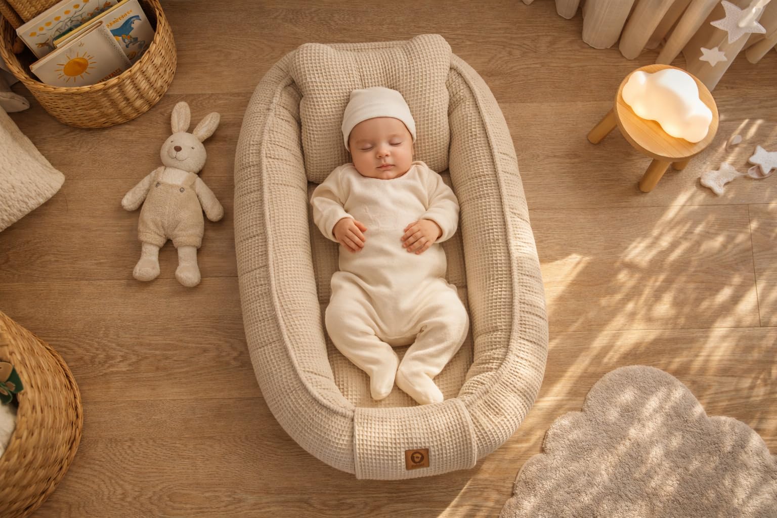 Babynestchen Neugeborene – 5-teiliges Baby Set mit Babynest aus Waffelpique Baumwolle – Nestchen Baby für Babybett & Kinderbett – Babykokon Tragbar – OEKO-TEX zertifiziert – Zubehör Babybett - Sand