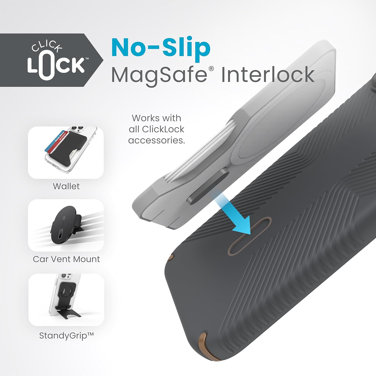 Speck iPhone 15 Plus Case - ClickLock No-Slip Interlock, MagSafe, Drop Protection Grip - for iPhone 15 Plus & iPhone 14 Plus - 6.7 Inch Phone Case - Presidio2 Grip Charcoal Grey/Cool Bronze/White