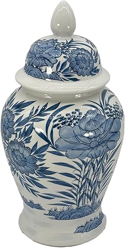 Galt International Tarro de jengibre de cerámica con patrón de palma floral azul y blanco, 18 pulgadas con tapa, tarro de templo, decoración del