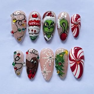 Christmas Press on Nails Almond, Cute Cartoon False Nails Snowflake with Colorful Rhinestone Design Medium Length Nude Fake Nails Winter New Year Stick on Nails for Women Nail Decoration 24Pcs