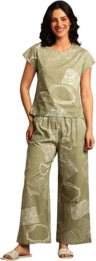 Yash Gallery Women's Cotton Straight Geomatrical Printed Night Suit for Women