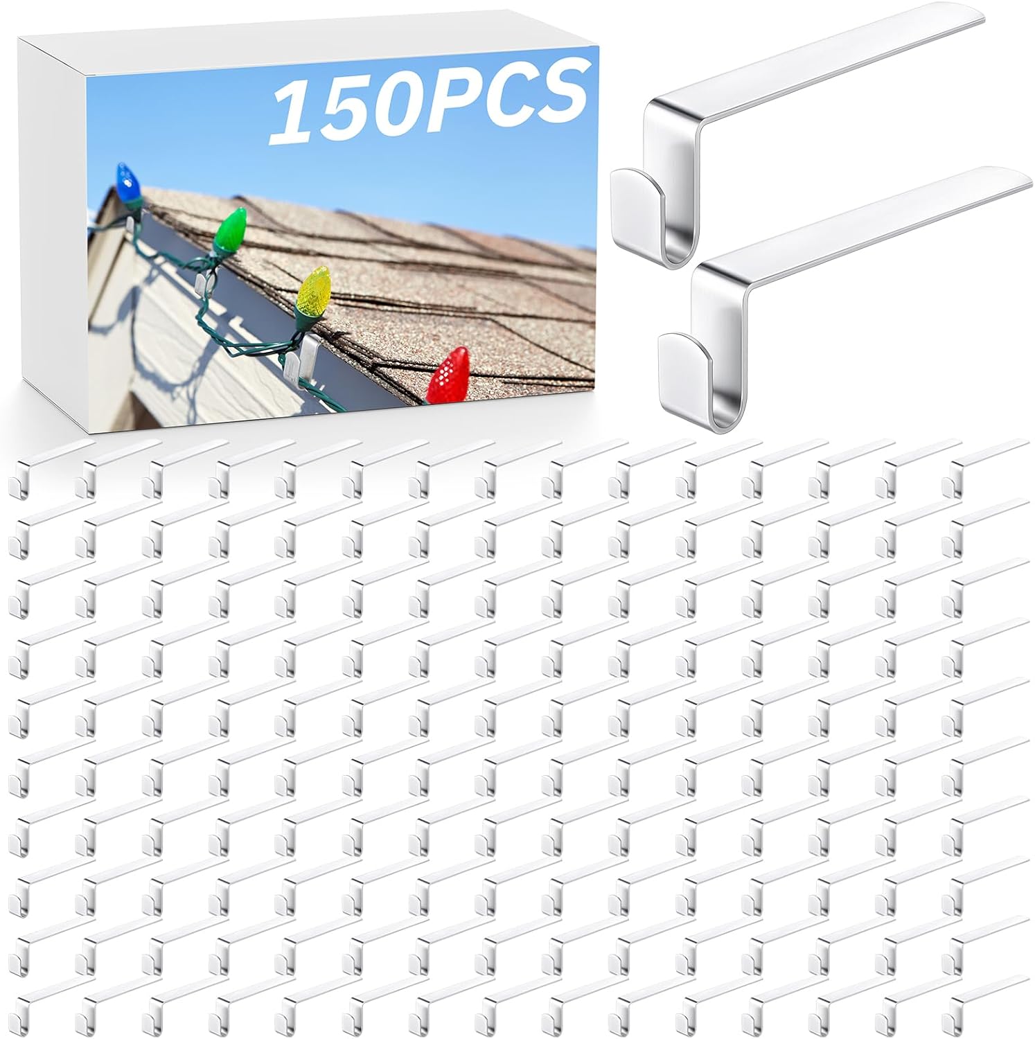 150 Pcs Christmas Light Clips Gutter Hooks for Outdoor Lights Shingle Clips Metal Soffit Hooks Outdoor Aluminum Lighting Holders for Festival Party Outside Roof Shingle House