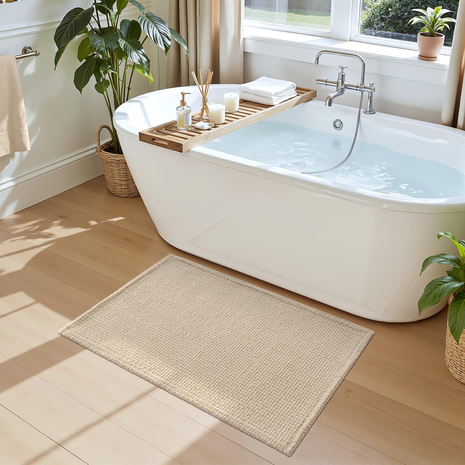 DEXI Bathroom Rugs 24x36, Non Slip Washable Bath Mat, Absorbent Chenille Bathmat, Ultra Soft Thick Carpet for Tub Shower Floor, Beige