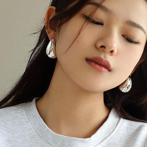 Miniatura 10 de Aretes de lágrima para mujer, aretes de aro gruesos de oro colgantes, aretes hipoalergénicos de gran tamaño, estilo llamativo, aretes chapados en