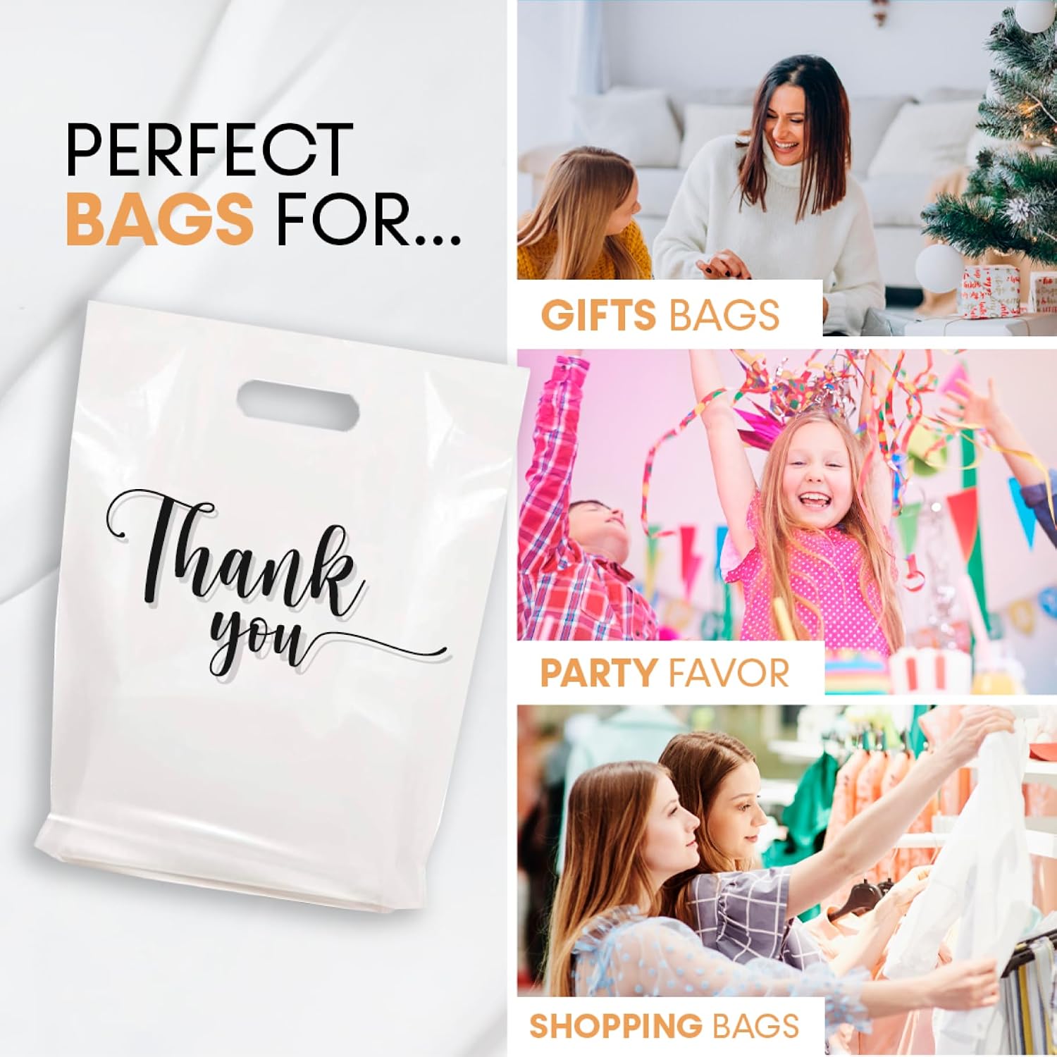 Merchandise Bags, Die Cut Handles, Strong, Durable, and Tear Resistant Bags Perfect for Retail, Boutiques, or Any Events, Different sizes and colors (White Thank You, 12x15 Inch (Pack of 100)) image 3