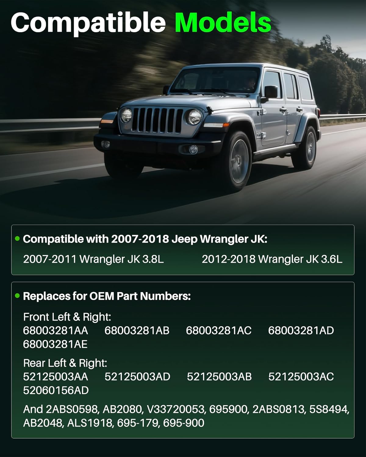 Carbhub ABS Wheel Speed Sensor 4PCS Set Compatible with Jeep Wrangler JK 2007-2018 Replace 68003281AD 68003281AB 52125003AA 52125003AD 68003281AA 52125003AB Front & Rear, Left & Right ABS Sensor