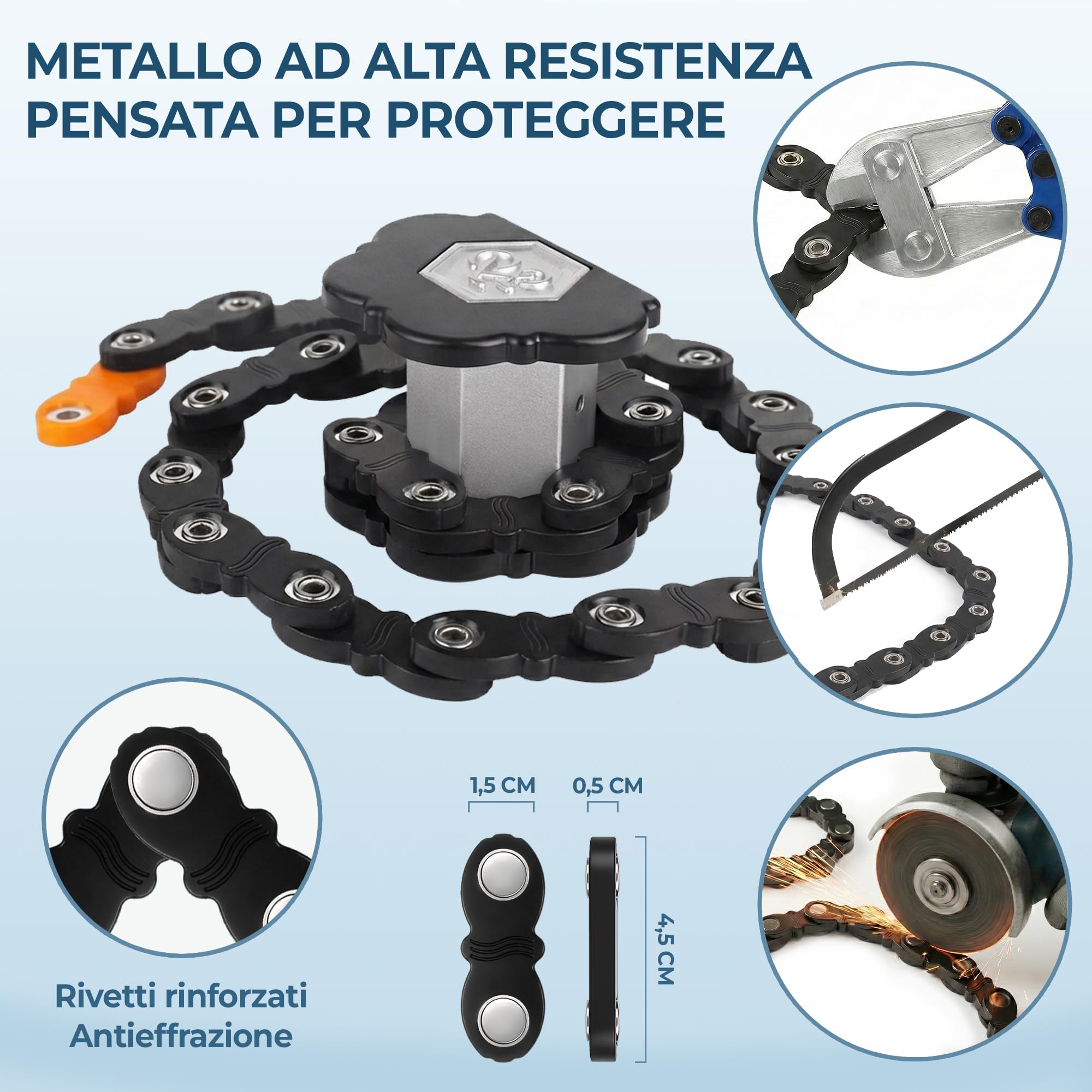 FINIX Lucchetto Anifurto Pieghevole Compatto per Bici - Catena 80cm in Metallo Antitaglio e Antiscasso con Chiave - per Bicicletta. Bici Elettrica e Monopattino Elettrico
