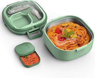 PEDECO Green Single-Layer Bento Lunch Box Kids Adults - Removable Stainless Steel Compartments, BPA-Free Leakproof Dishwasher Safe w/ Utensils